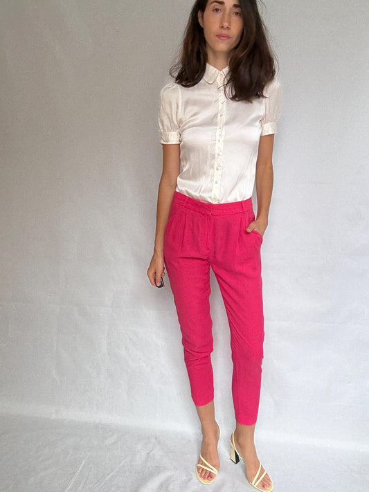 Massimo Dutti vibrant pink trousers, cotton feel, fitted silhouette, pleated front, elegant chic, US M, versatile streetwear