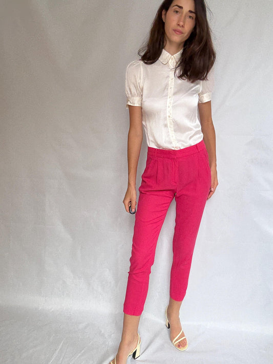 Massimo Dutti vibrant pink trousers, cotton feel, fitted silhouette, pleated front, elegant chic, US M, versatile streetwear