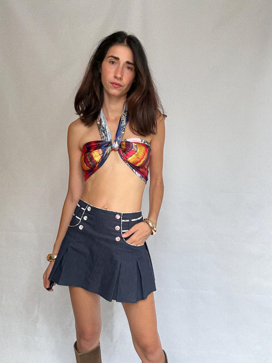 Vintage multicolor long scarf, polyester feel, versatile wrap style, large, streetwear allure, US L, summer inspiration