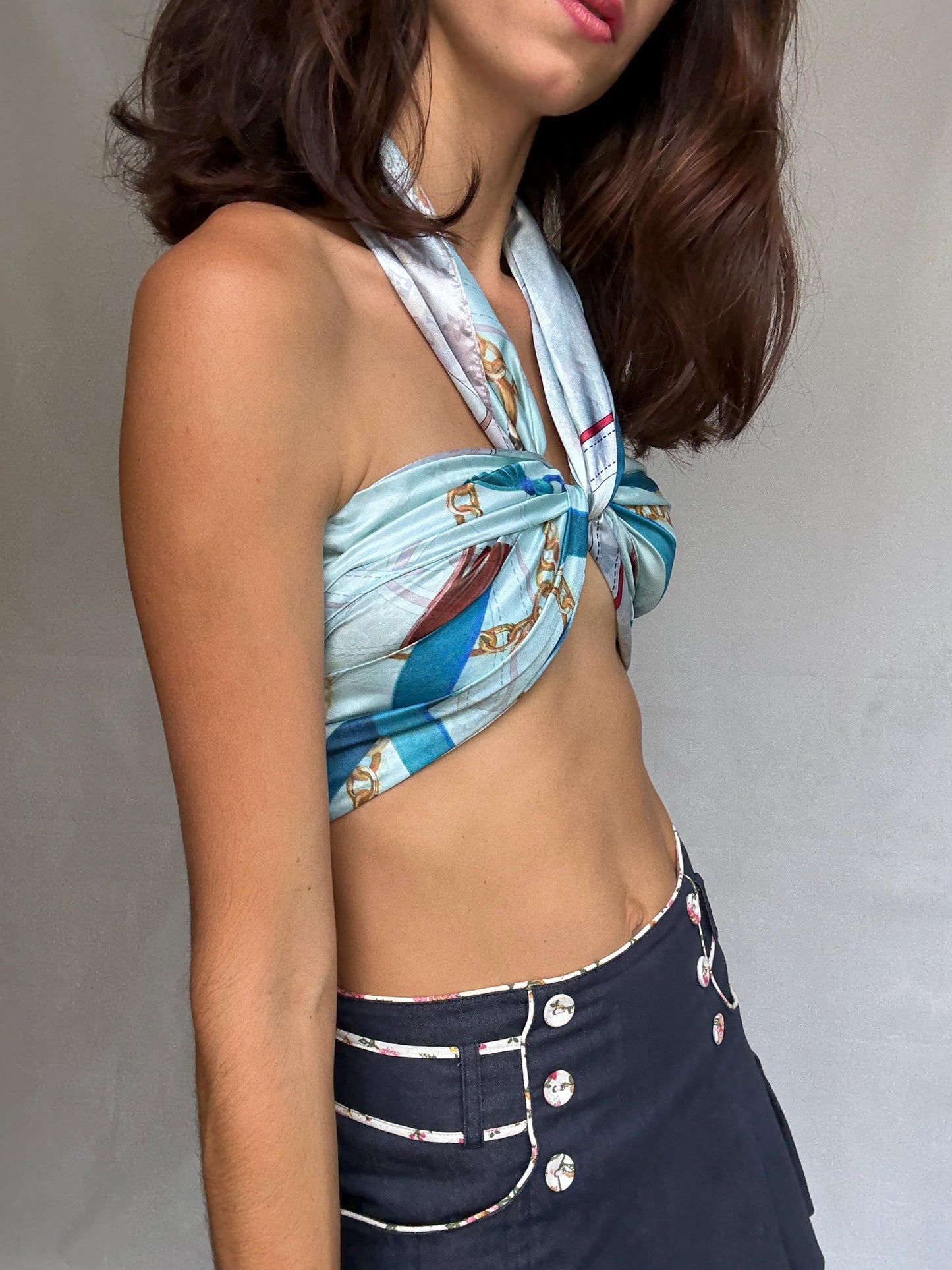 Vintage patterned scarf, wrap style, detailed belt and chain print, indie, sleaze, US L, versatile accessory