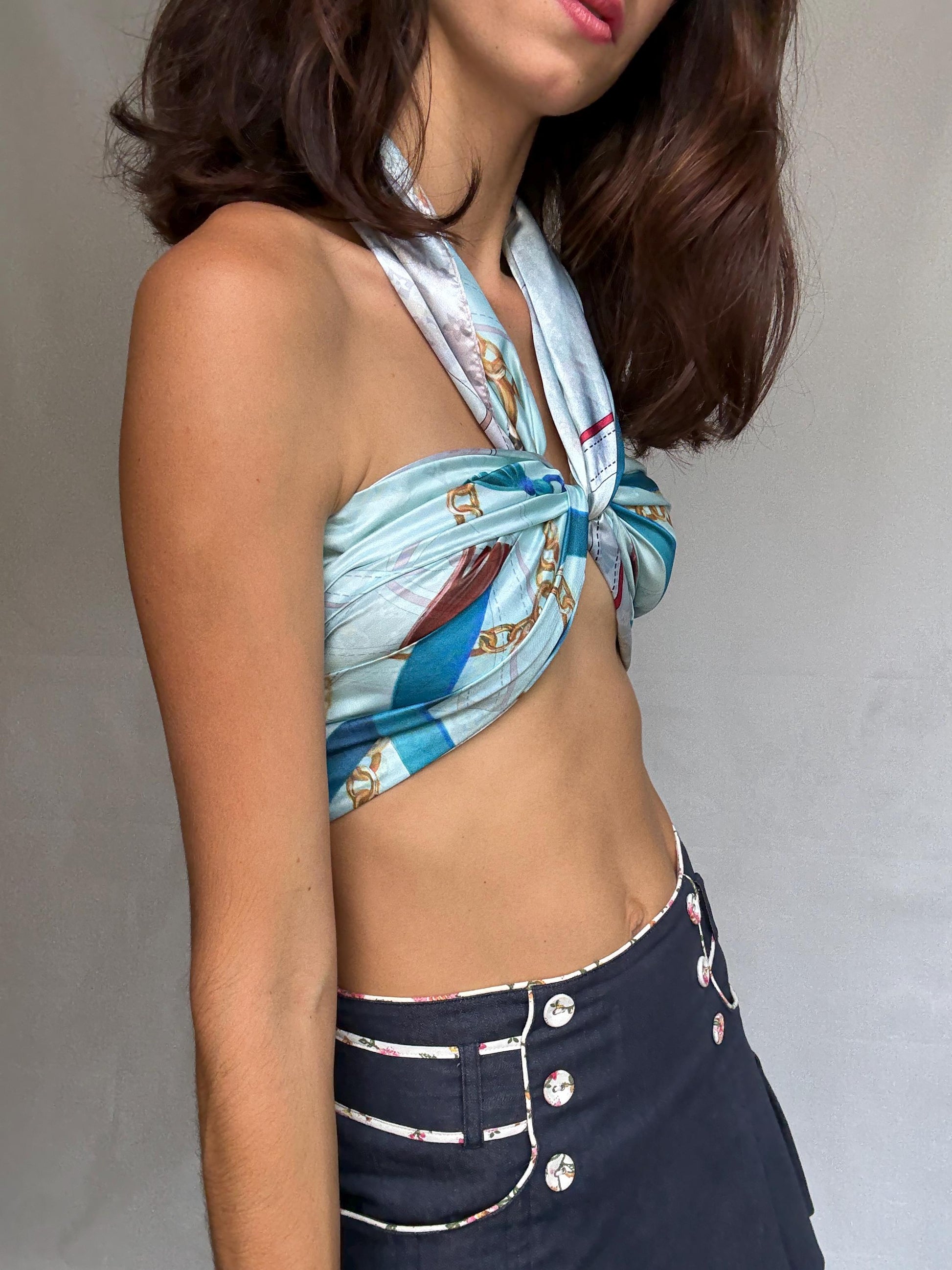 Vintage patterned scarf, wrap style, detailed belt and chain print, indie, sleaze, US L, versatile accessory