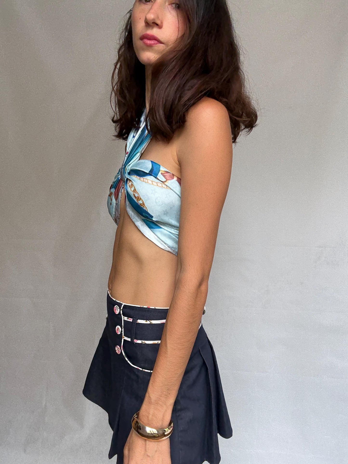 Vintage patterned scarf, wrap style, detailed belt and chain print, indie, sleaze, US L, versatile accessory