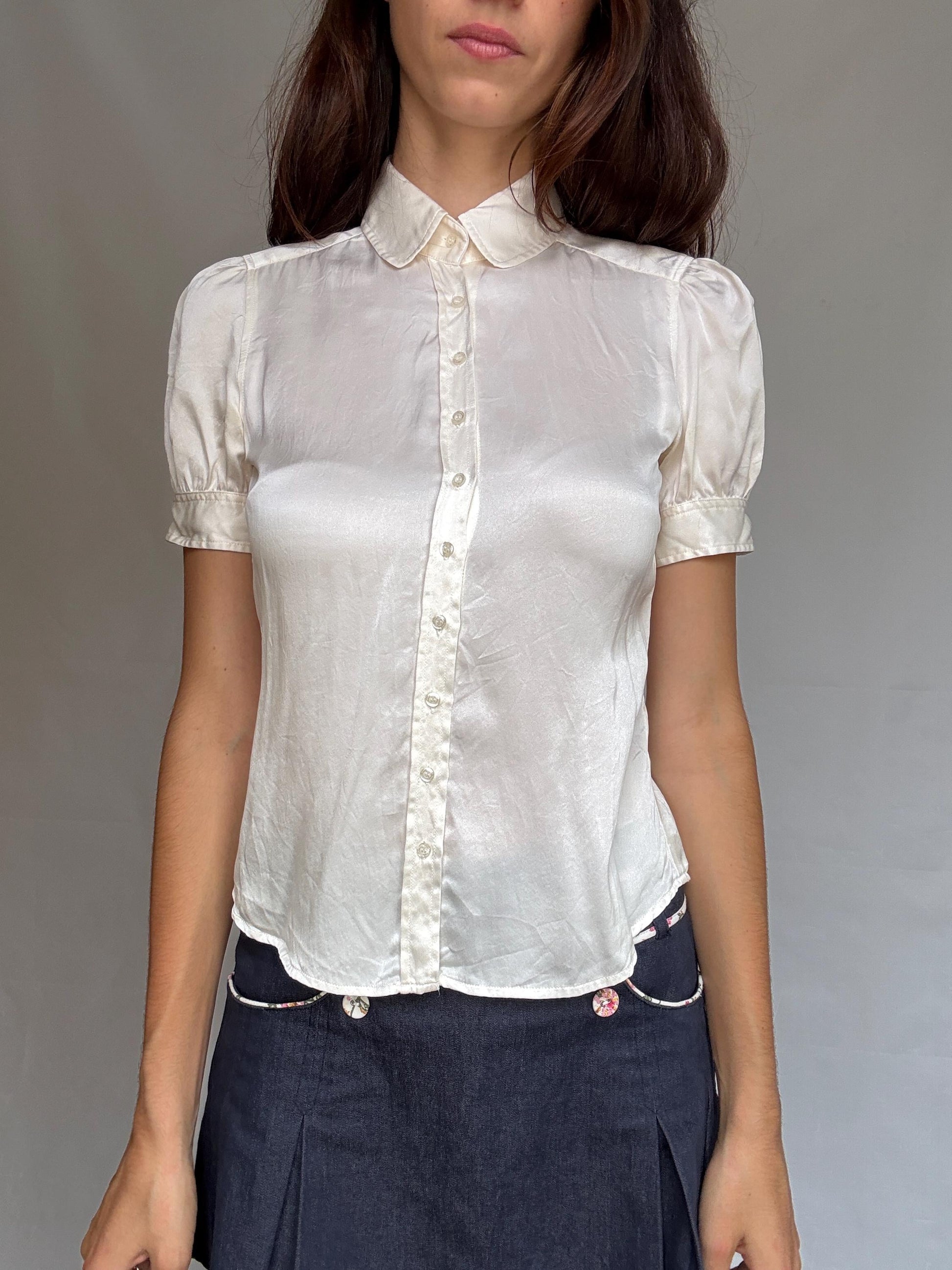 Silky ivory blouse, silk feel, button, down fit, puffed sleeves, minimalist Harry Styles influence, US S, office smart casual