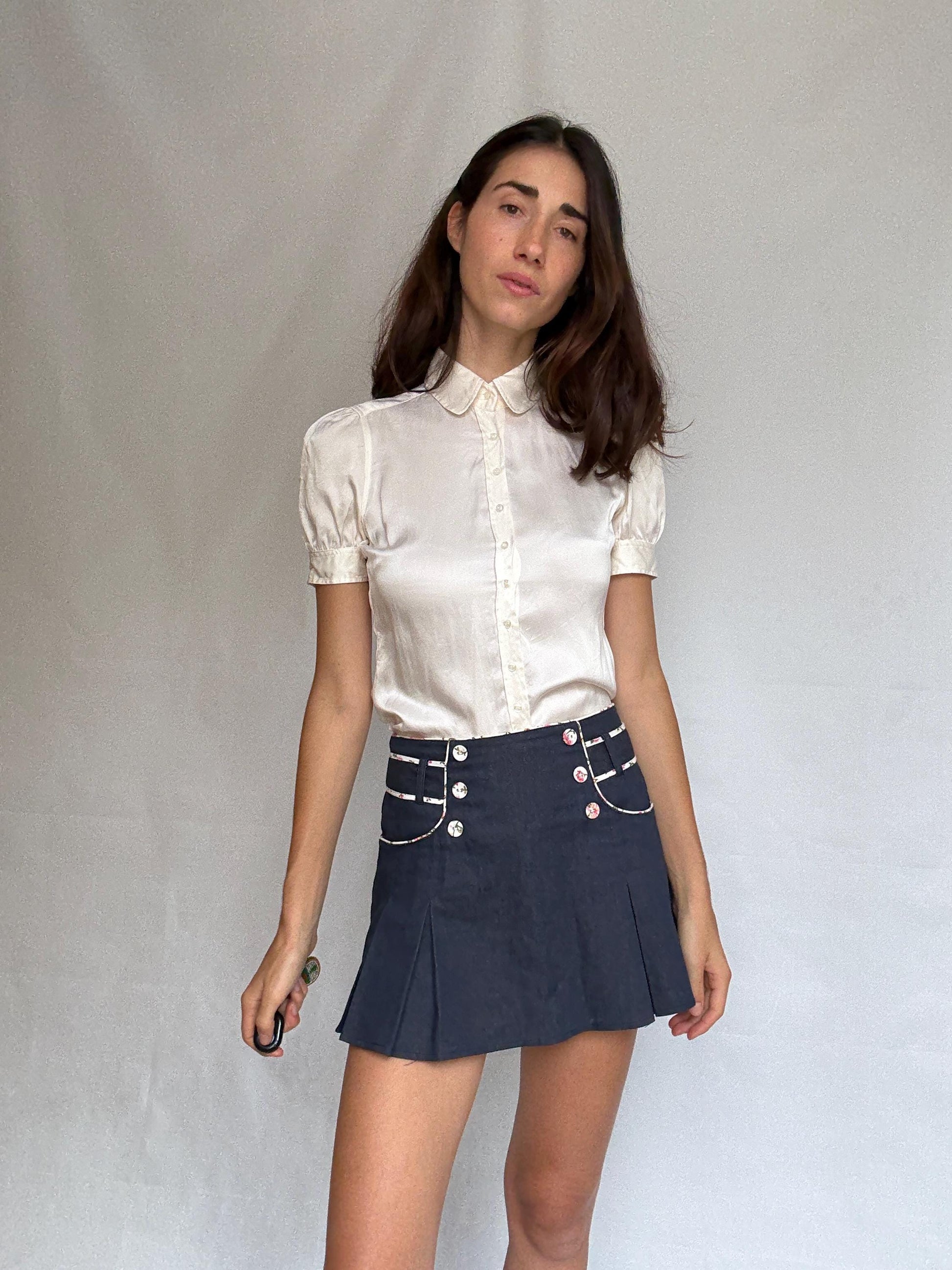 Silky ivory blouse, silk feel, button, down fit, puffed sleeves, minimalist Harry Styles influence, US S, office smart casual