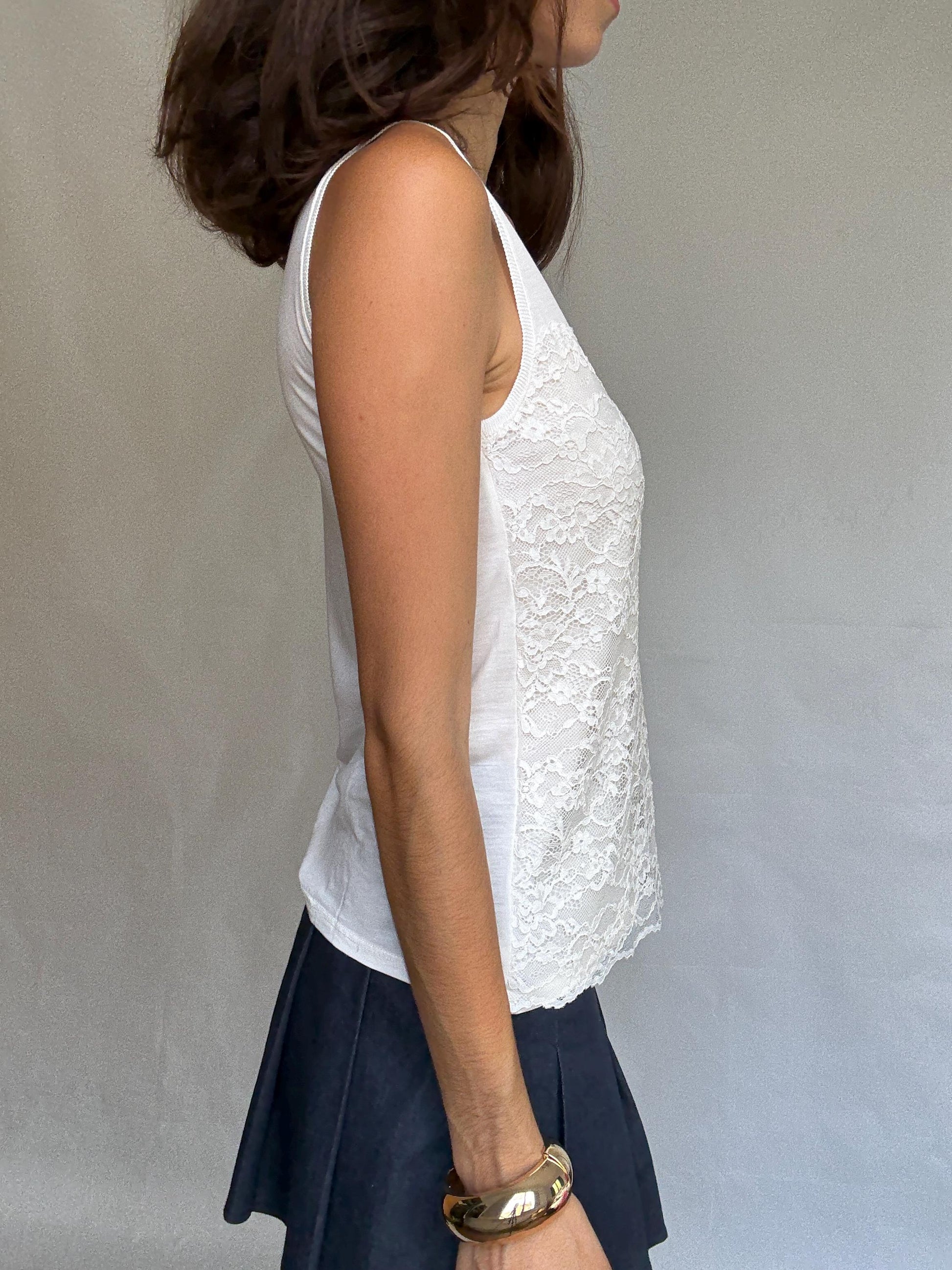 Massimo Dutti white sleeveless top, cotton feel, relaxed fit, lace overlay front, minimalist chic, US L, casual daytime wear, size M