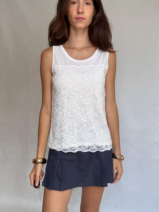 Massimo Dutti white sleeveless top, cotton feel, relaxed fit, lace overlay front, minimalist chic, US L, casual daytime wear, size M