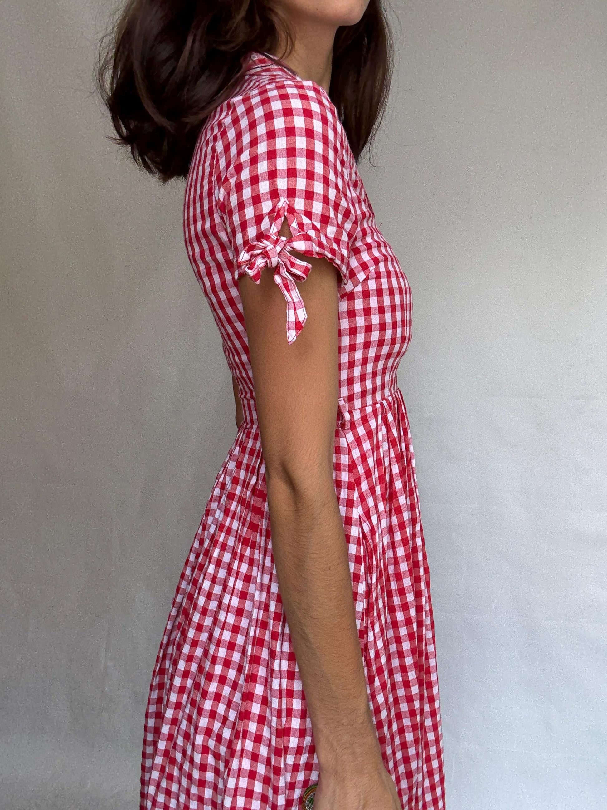 Lindy Bop red gingham dress, 100% cotton, fit, and-flare, button front, tie detail sleeves, vintage 50s retro, US S, picnic vibe