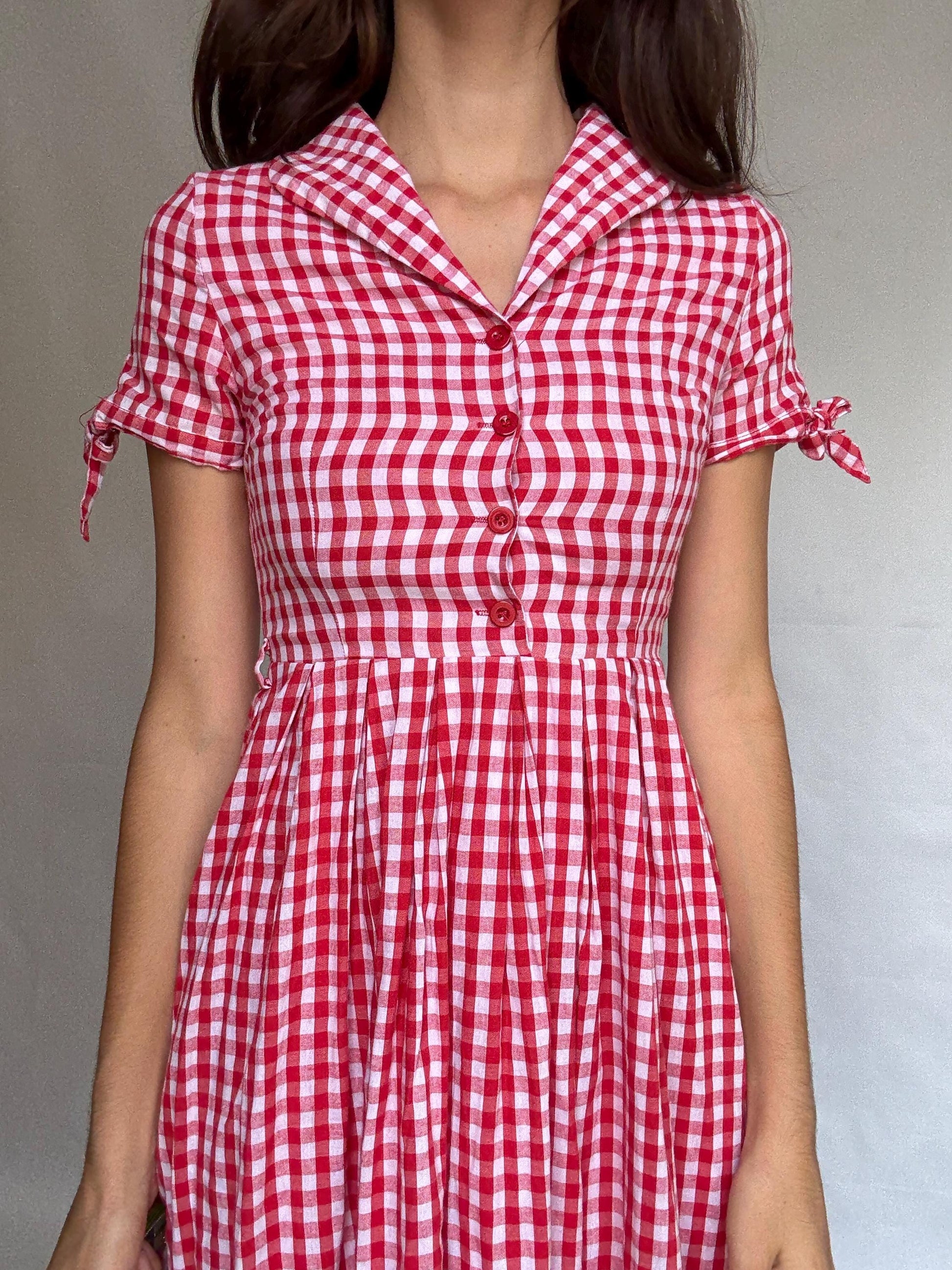 Lindy Bop red gingham dress, 100% cotton, fit, and-flare, button front, tie detail sleeves, vintage 50s retro, US S, picnic vibe
