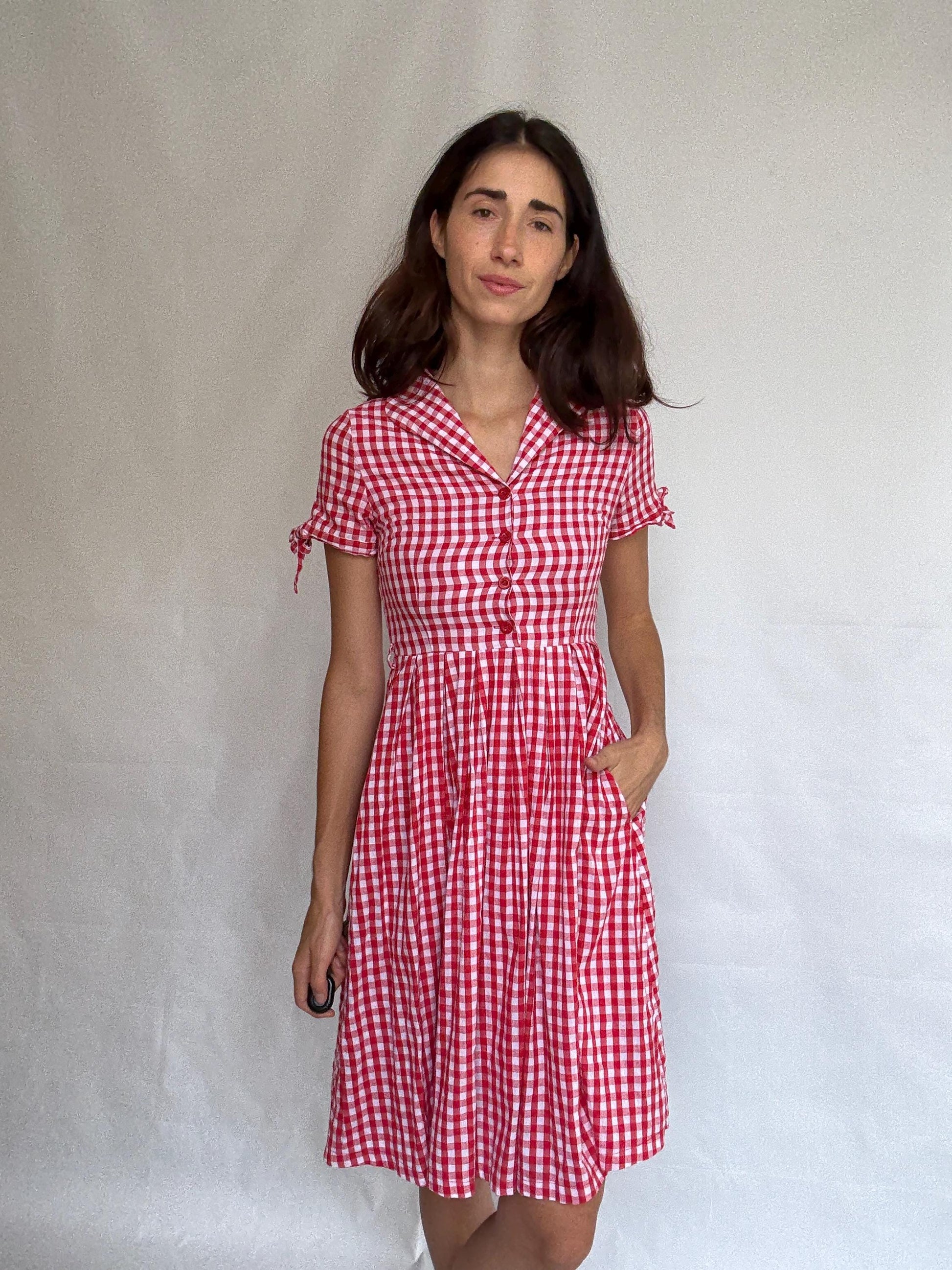 Lindy Bop red gingham dress, 100% cotton, fit, and-flare, button front, tie detail sleeves, vintage 50s retro, US S, picnic vibe