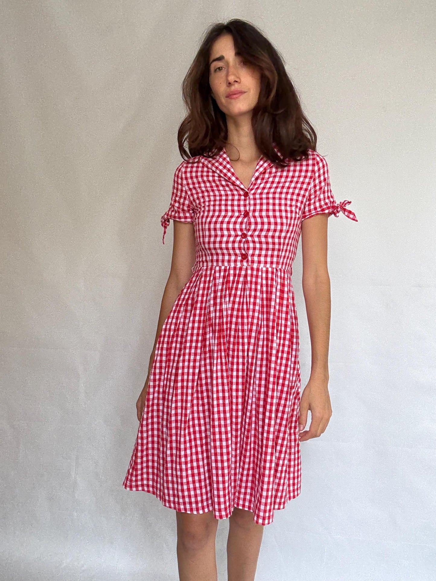 Lindy Bop red gingham dress, 100% cotton, fit, and-flare, button front, tie detail sleeves, vintage 50s retro, US S, picnic vibe