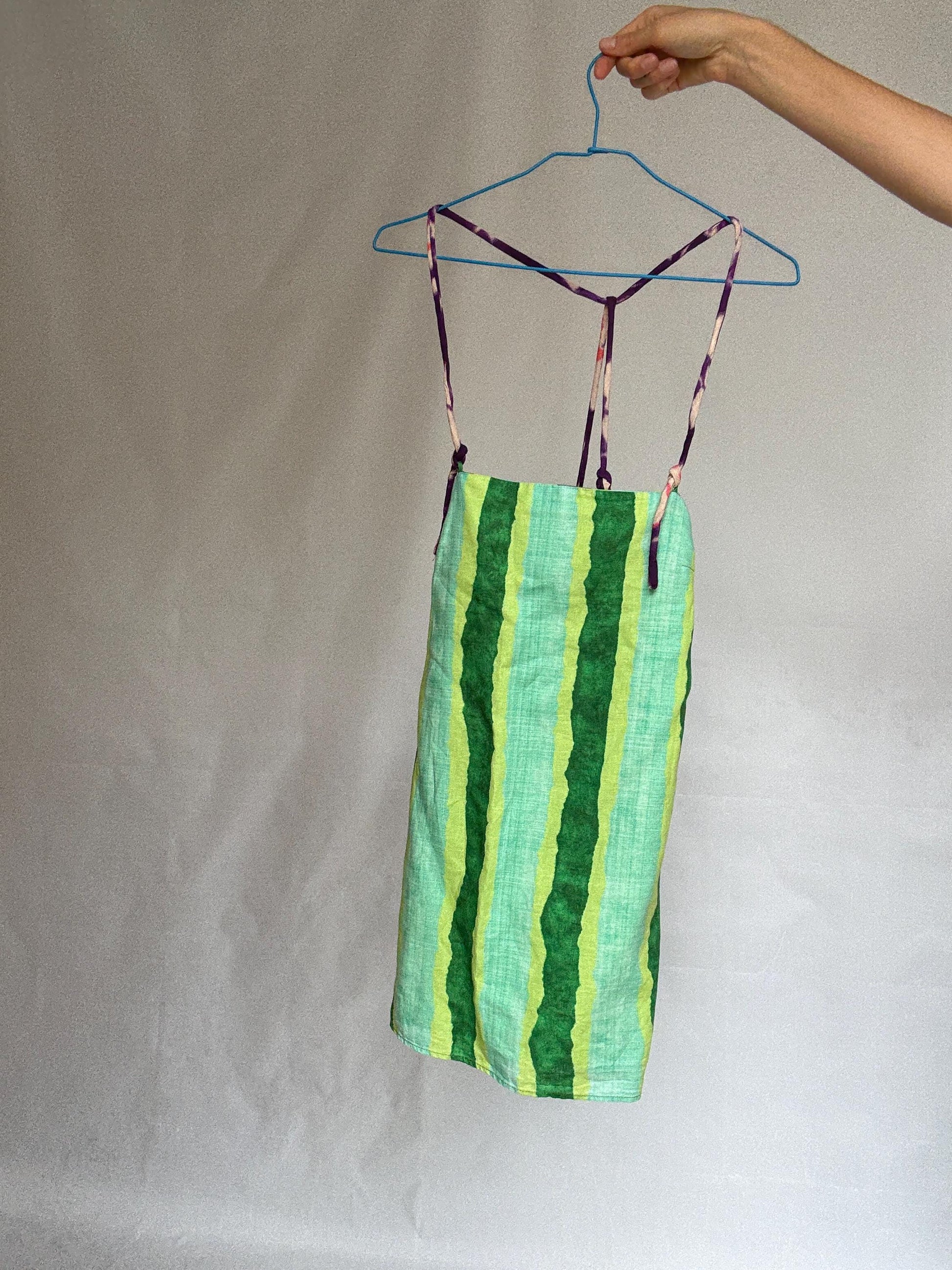 Colorful halter romper, cotton feel, relaxed fit, back zipper, watercolor stripe, retro 90s Ashley Tisdale, US S, beach casual wear