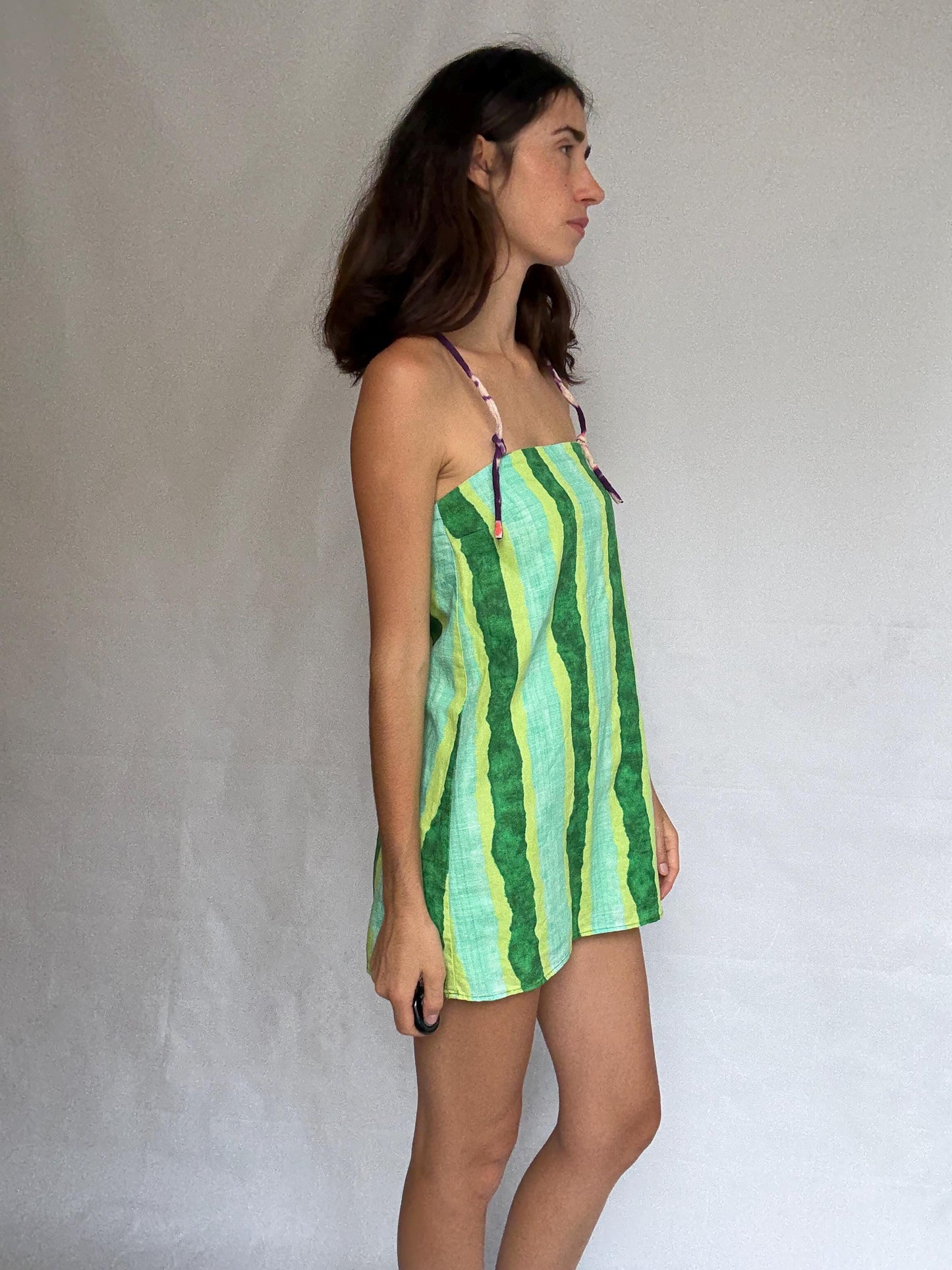 Colorful halter romper, cotton feel, relaxed fit, back zipper, watercolor stripe, retro 90s Ashley Tisdale, US S, beach casual wear