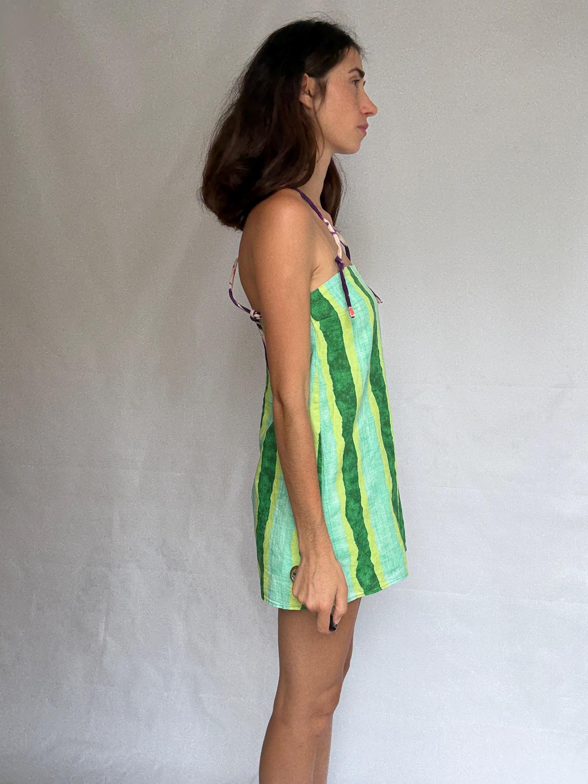 Colorful halter romper, cotton feel, relaxed fit, back zipper, watercolor stripe, retro 90s Ashley Tisdale, US S, beach casual wear