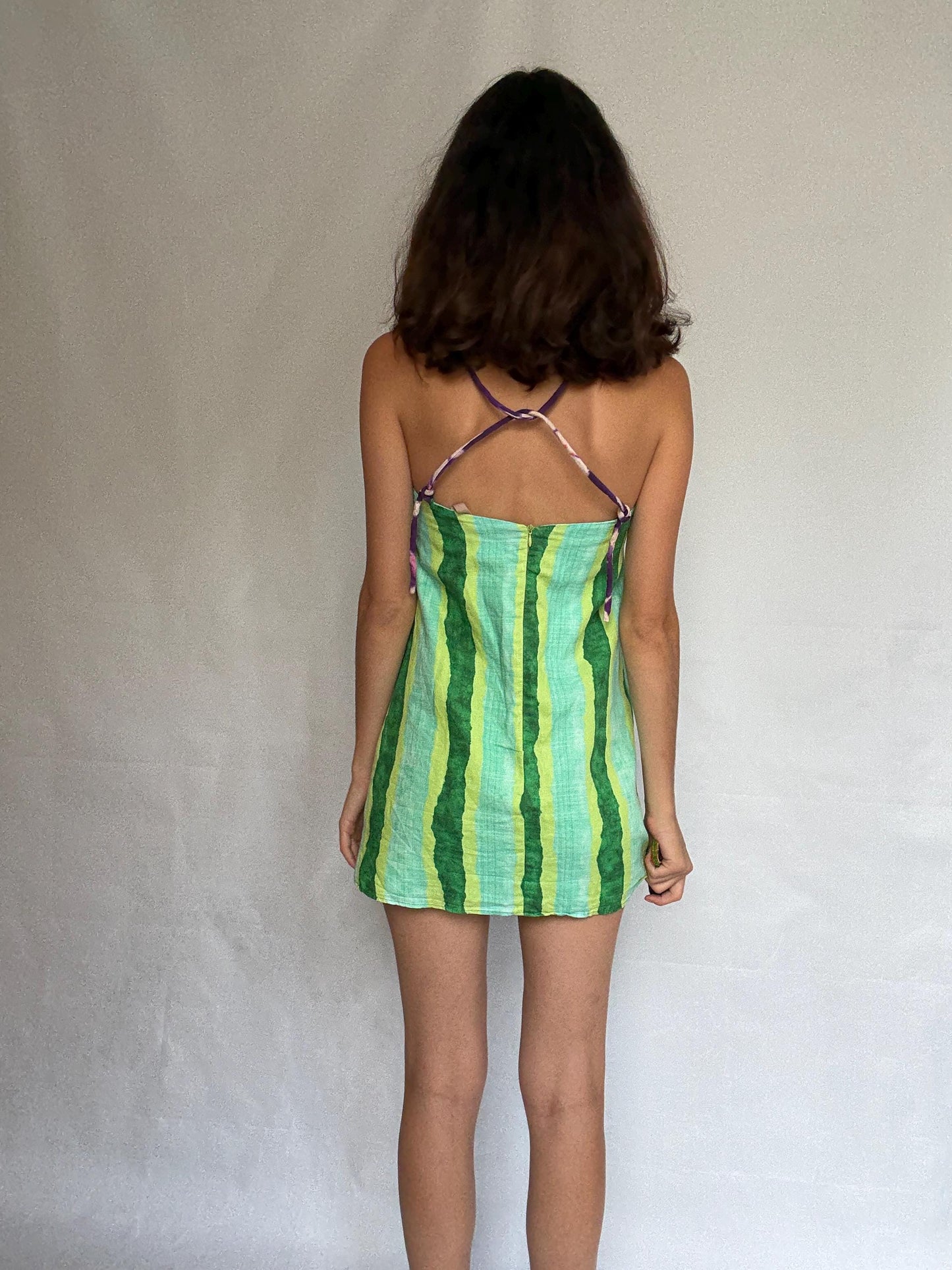 Colorful halter romper, cotton feel, relaxed fit, back zipper, watercolor stripe, retro 90s Ashley Tisdale, US S, beach casual wear