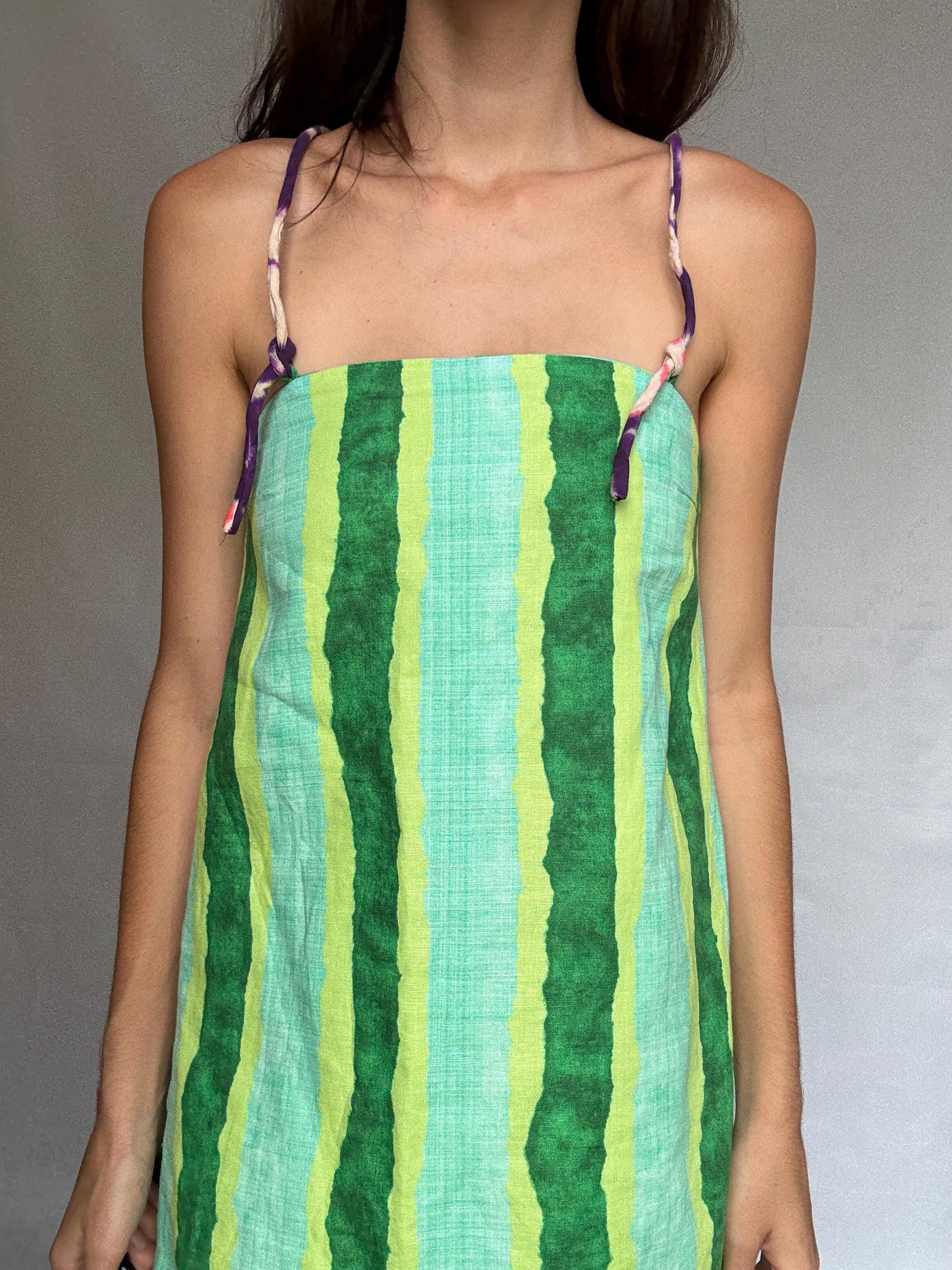 Colorful halter romper, cotton feel, relaxed fit, back zipper, watercolor stripe, retro 90s Ashley Tisdale, US S, beach casual wear