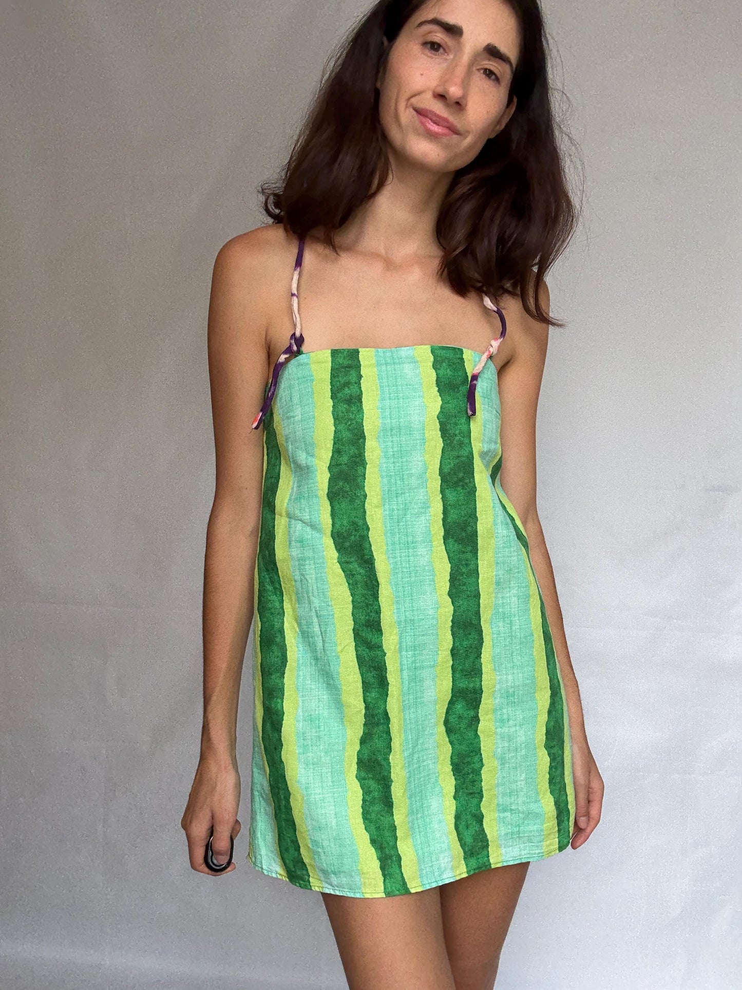 Colorful halter romper, cotton feel, relaxed fit, back zipper, watercolor stripe, retro 90s Ashley Tisdale, US S, beach casual wear