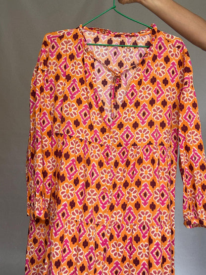 Vintage orange cotton floral geometric dress, bohemian casual, XL