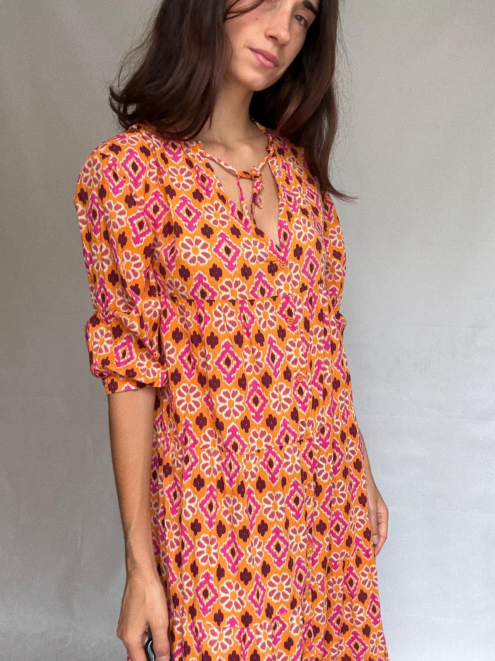Vintage orange floral geometric dress, 100% cotton, relaxed fit, v, neck with tie detail, tiered design, bohemian casual, US XL