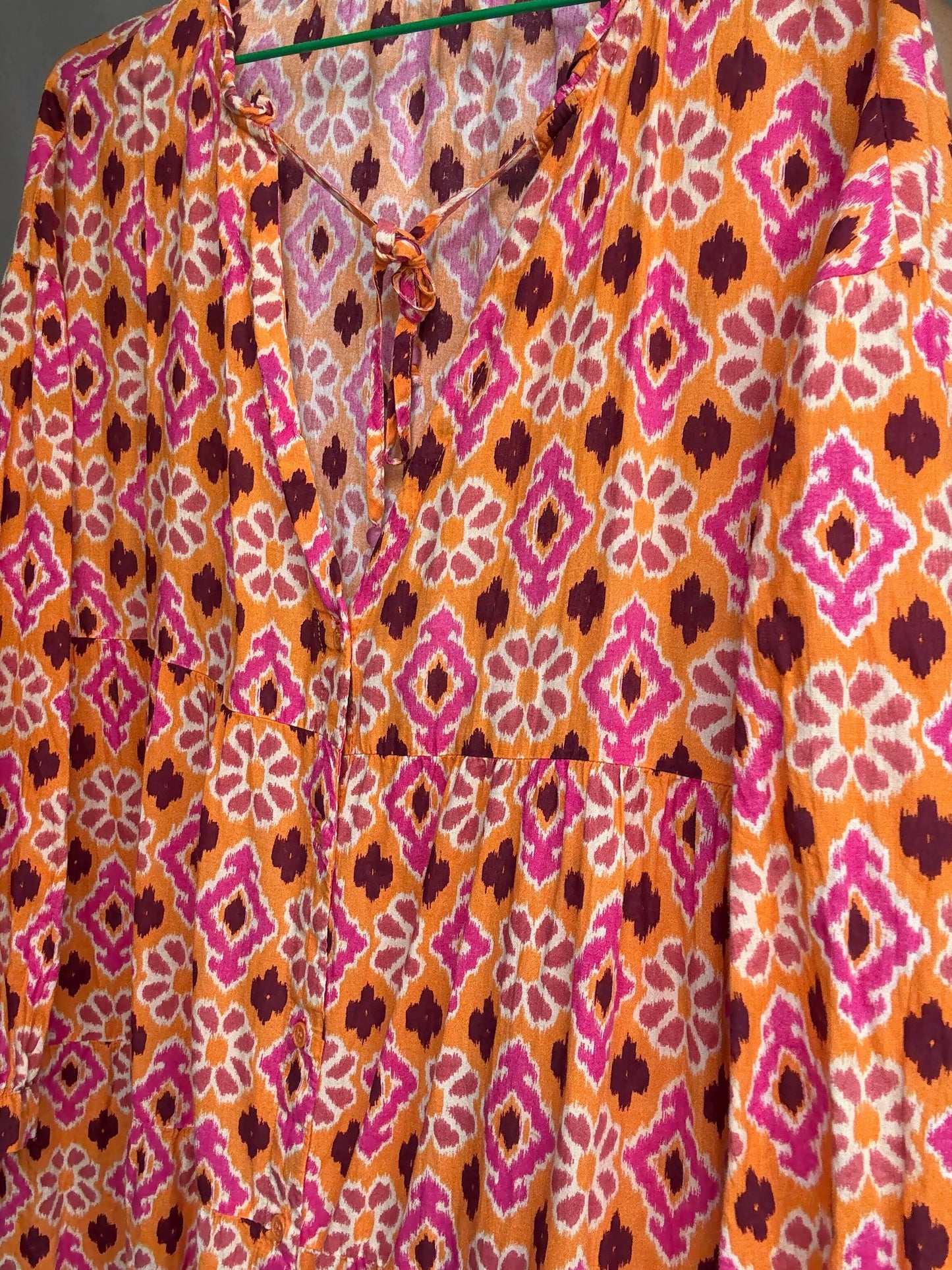 Vintage orange floral geometric dress, 100% cotton, relaxed fit, v, neck with tie detail, tiered design, bohemian casual, US XL
