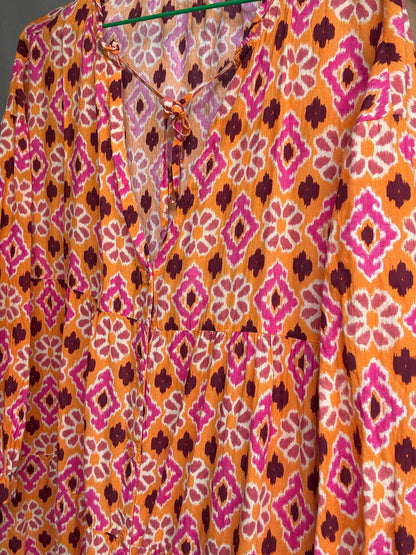 Vintage orange cotton floral geometric dress, bohemian casual, XL