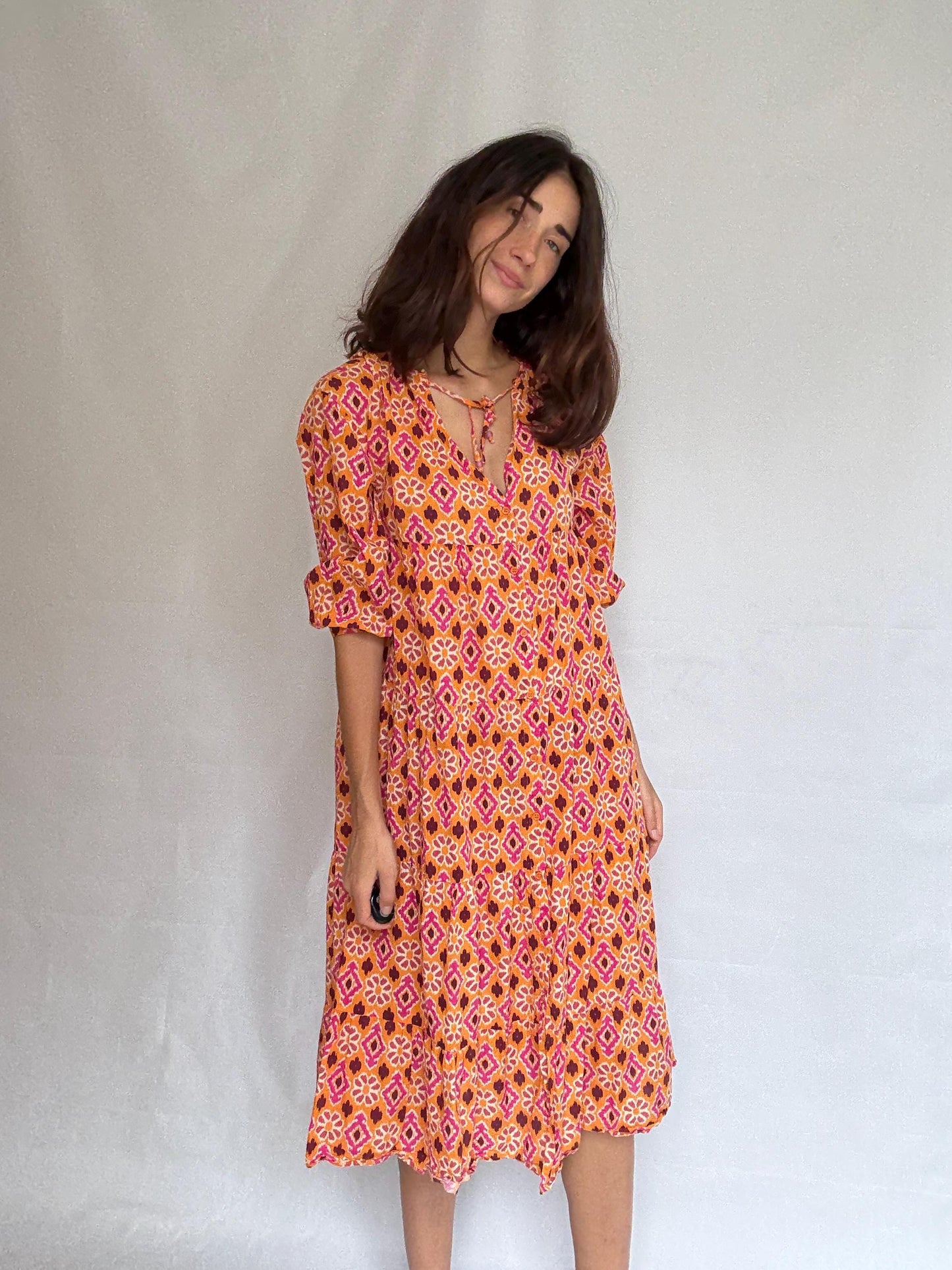 Vintage orange floral geometric dress, 100% cotton, relaxed fit, v, neck with tie detail, tiered design, bohemian casual, US XL