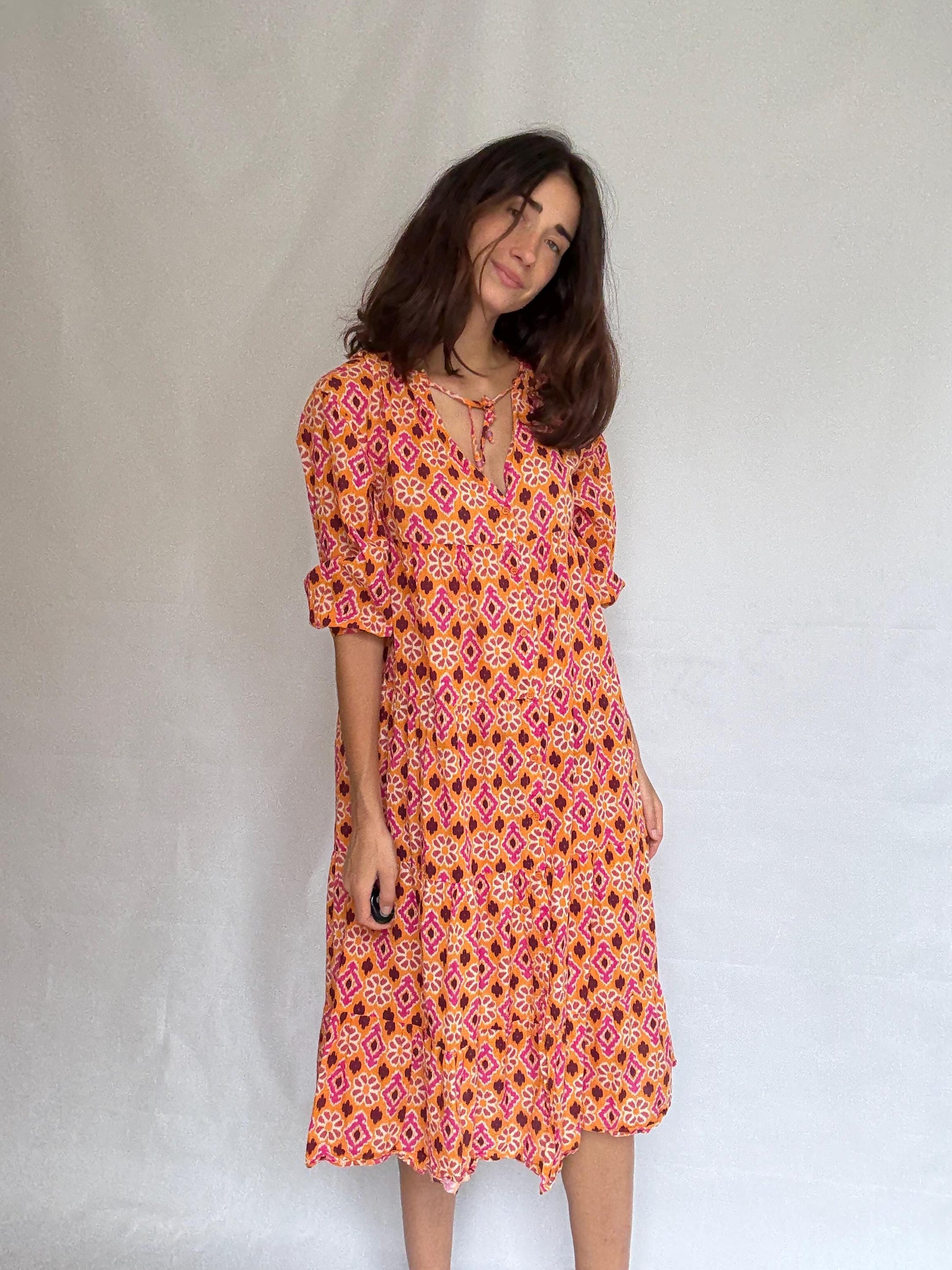 Vintage orange floral geometric dress, 100% cotton, relaxed fit, v, neck with tie detail, tiered design, bohemian casual, US XL
