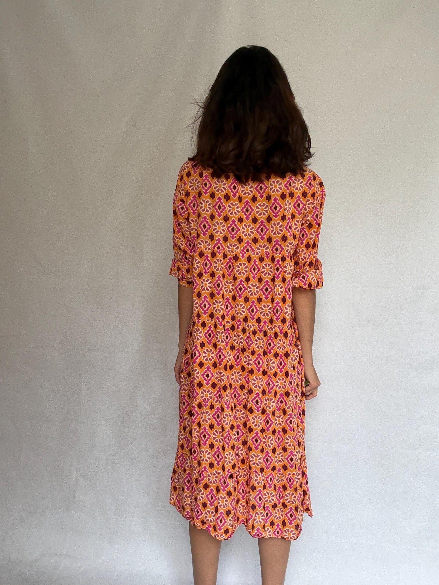 Vintage orange floral geometric dress, 100% cotton, relaxed fit, v, neck with tie detail, tiered design, bohemian casual, US XL