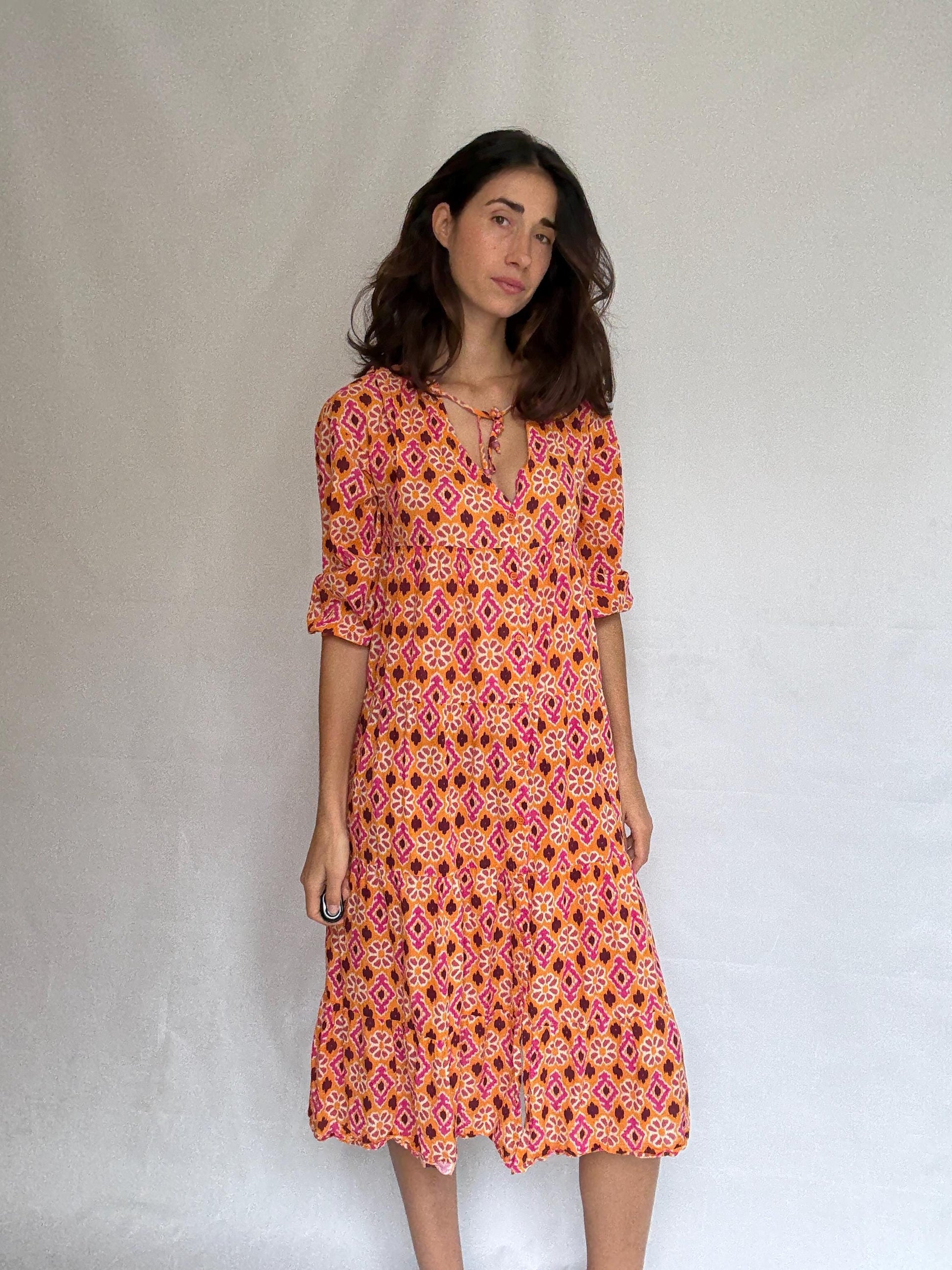 Vintage orange floral geometric dress, 100% cotton, relaxed fit, v, neck with tie detail, tiered design, bohemian casual, US XL
