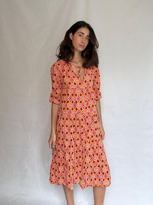Vintage orange floral geometric dress, 100% cotton, relaxed fit, v, neck with tie detail, tiered design, bohemian casual, US XL