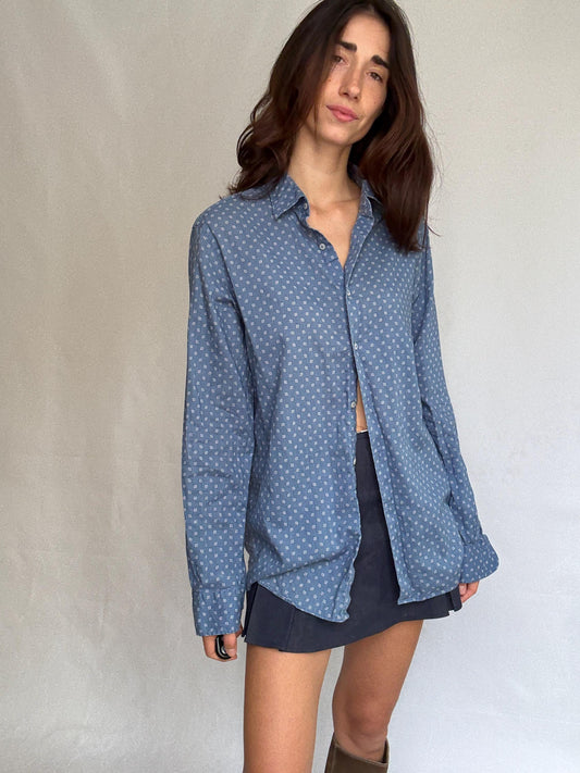 Massimo Dutti blue patterned shirt, cotton feel, classic fit, button, up front, buttoned cuffs, minimalist Zendaya, US L, office casual