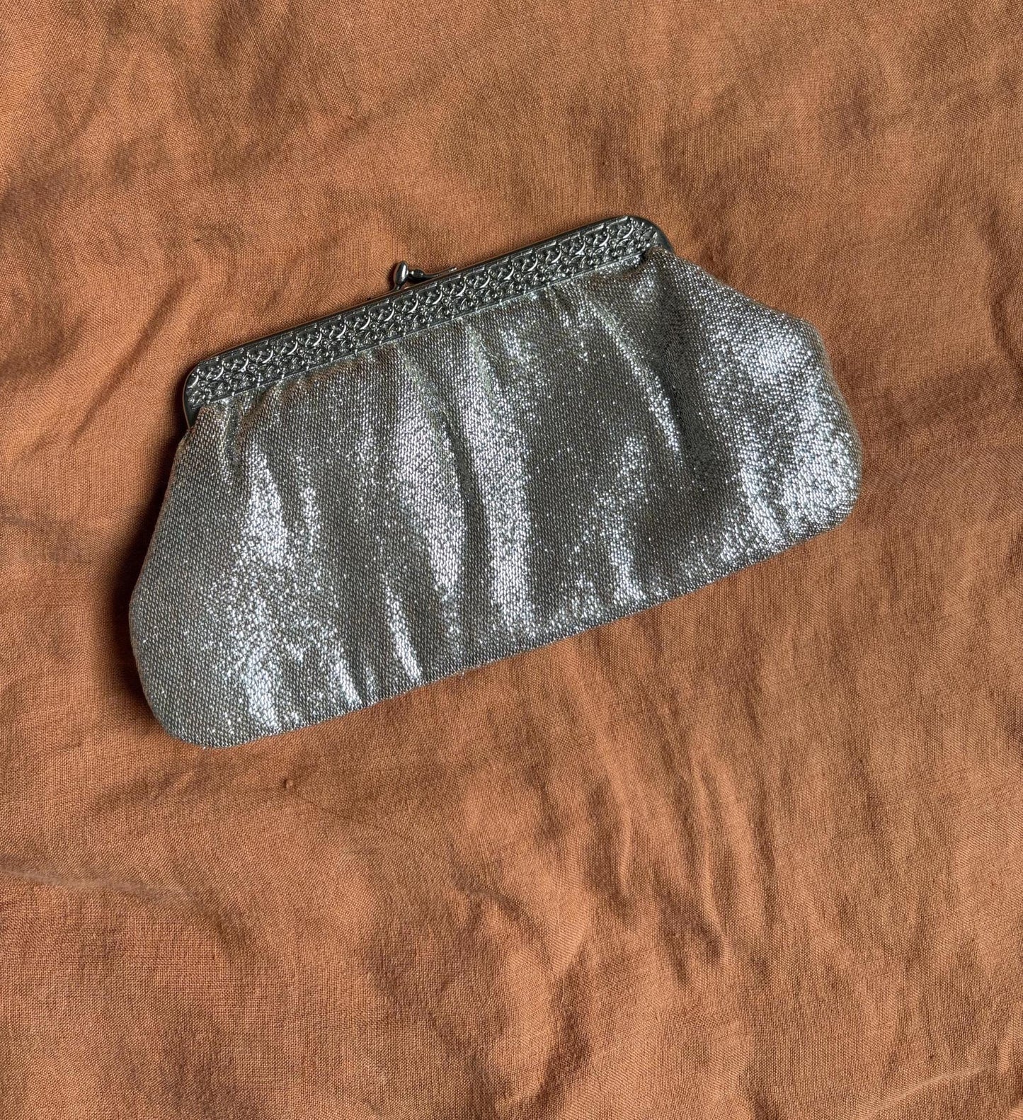 Vintage Silver Purse or Wallet – 80s Sparkly Evening Clutch with Loops for Strap Option,