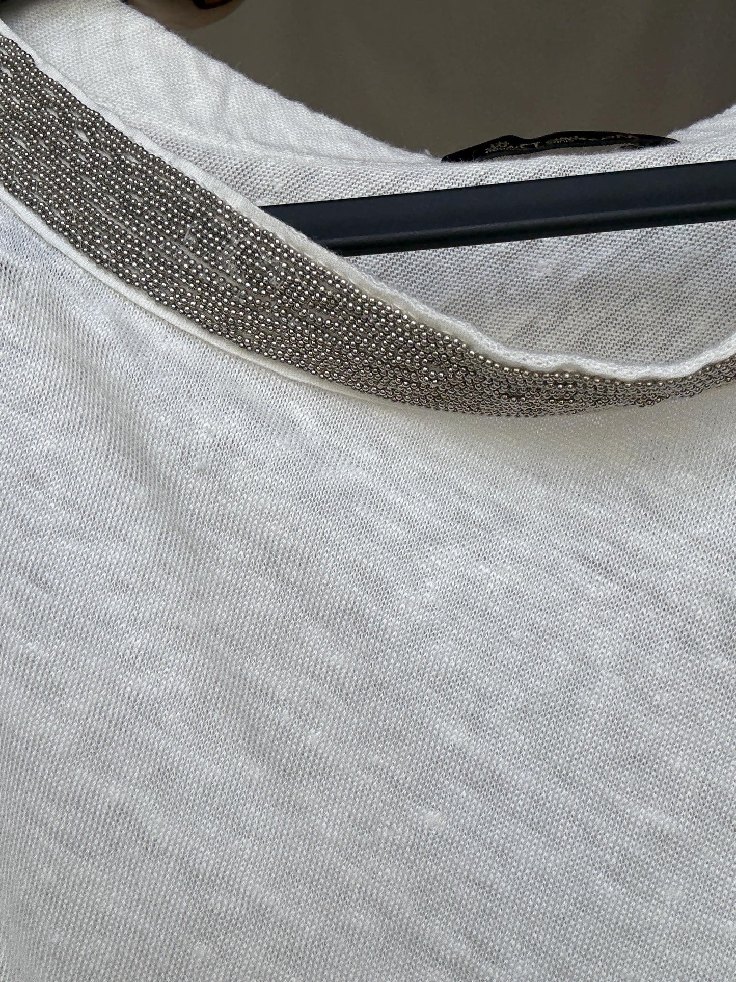 Gorgeous Massimo Dutti White Women's Shirt with Beaded Neckline Detailing in Estimated Size S, sheer Casual Vintage Style,