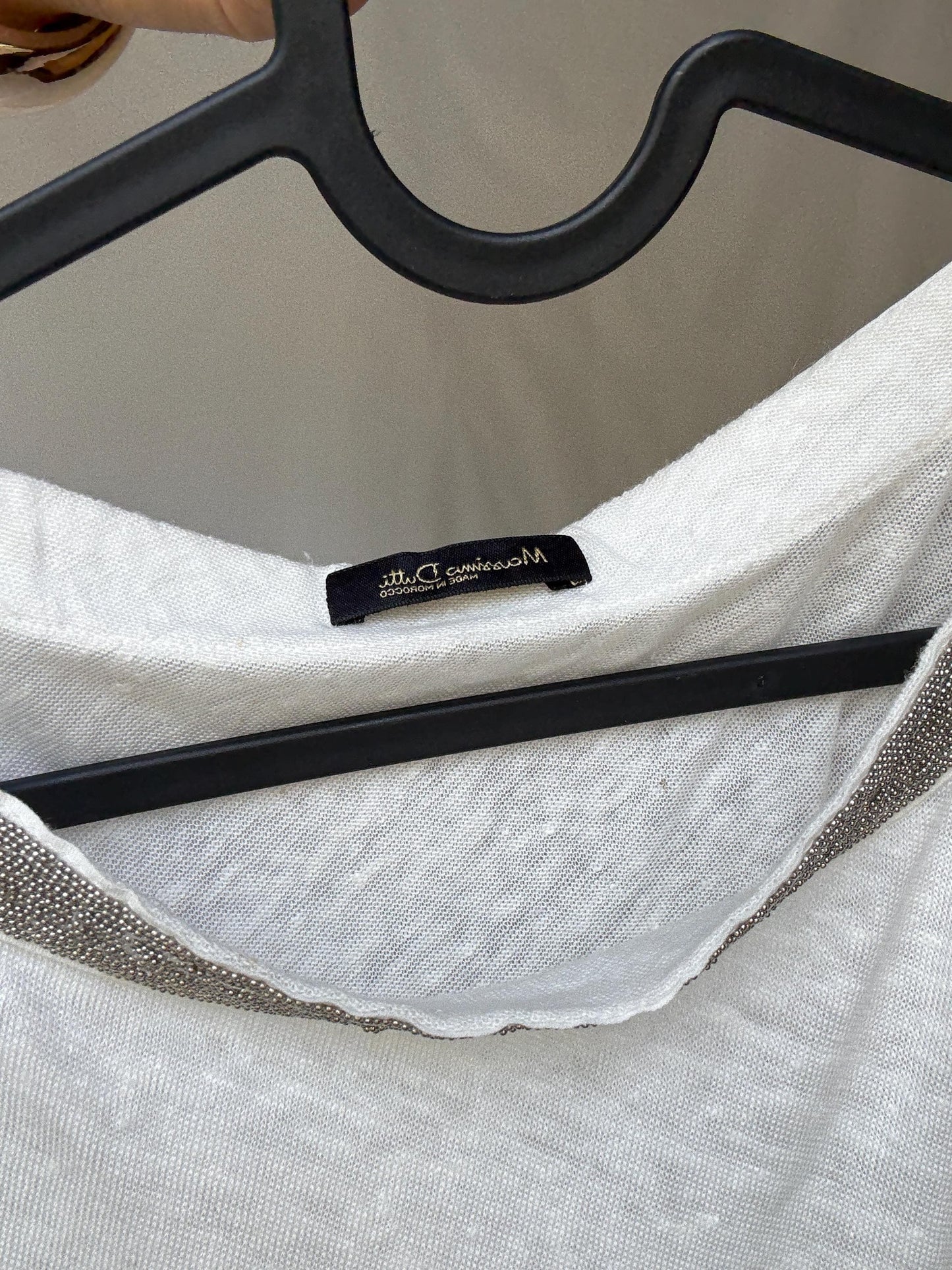 Gorgeous Massimo Dutti White Women's Shirt with Beaded Neckline Detailing in Estimated Size S, sheer Casual Vintage Style,