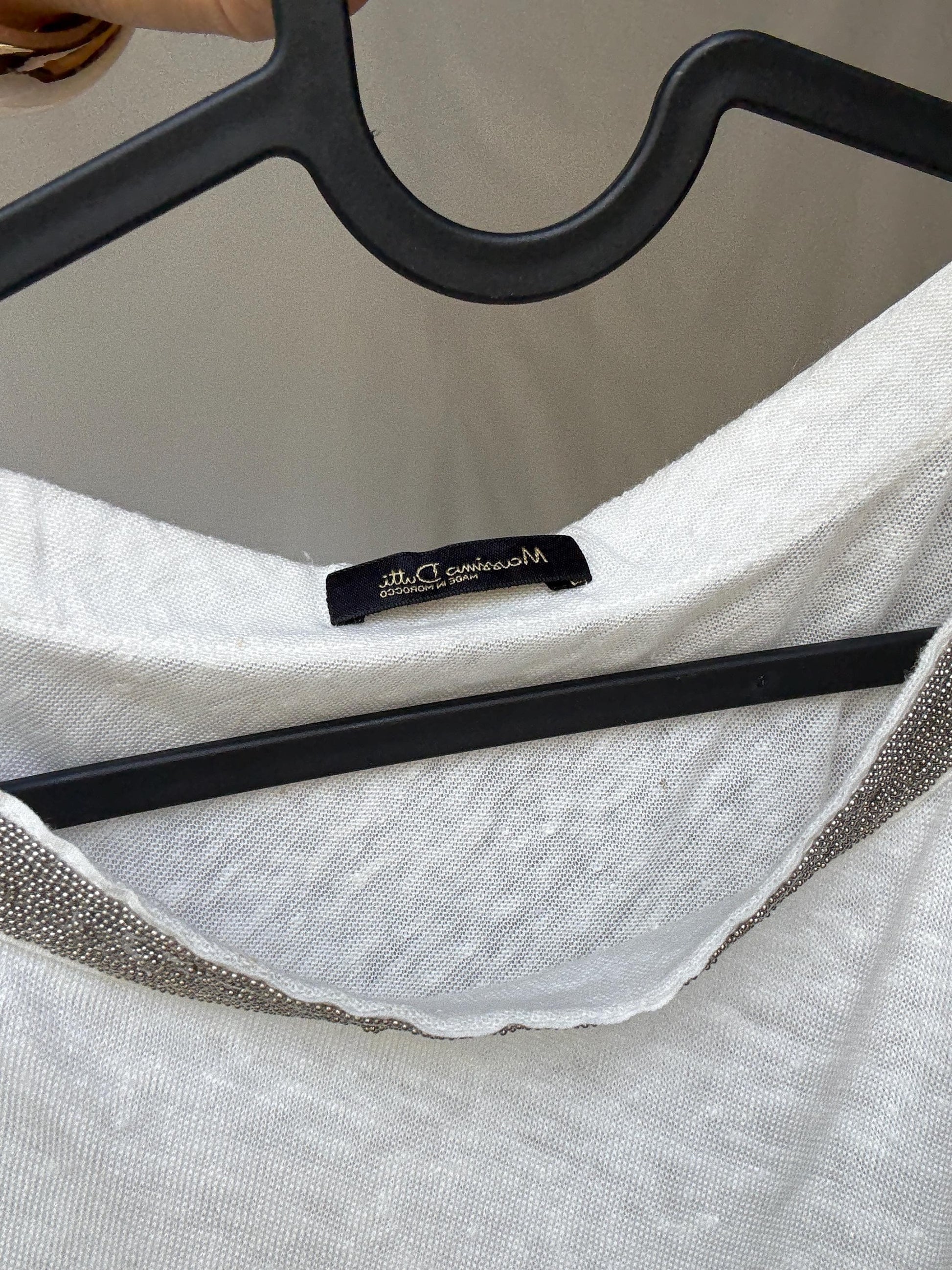 Gorgeous Massimo Dutti White Women's Shirt with Beaded Neckline Detailing in Estimated Size S, sheer Casual Vintage Style,