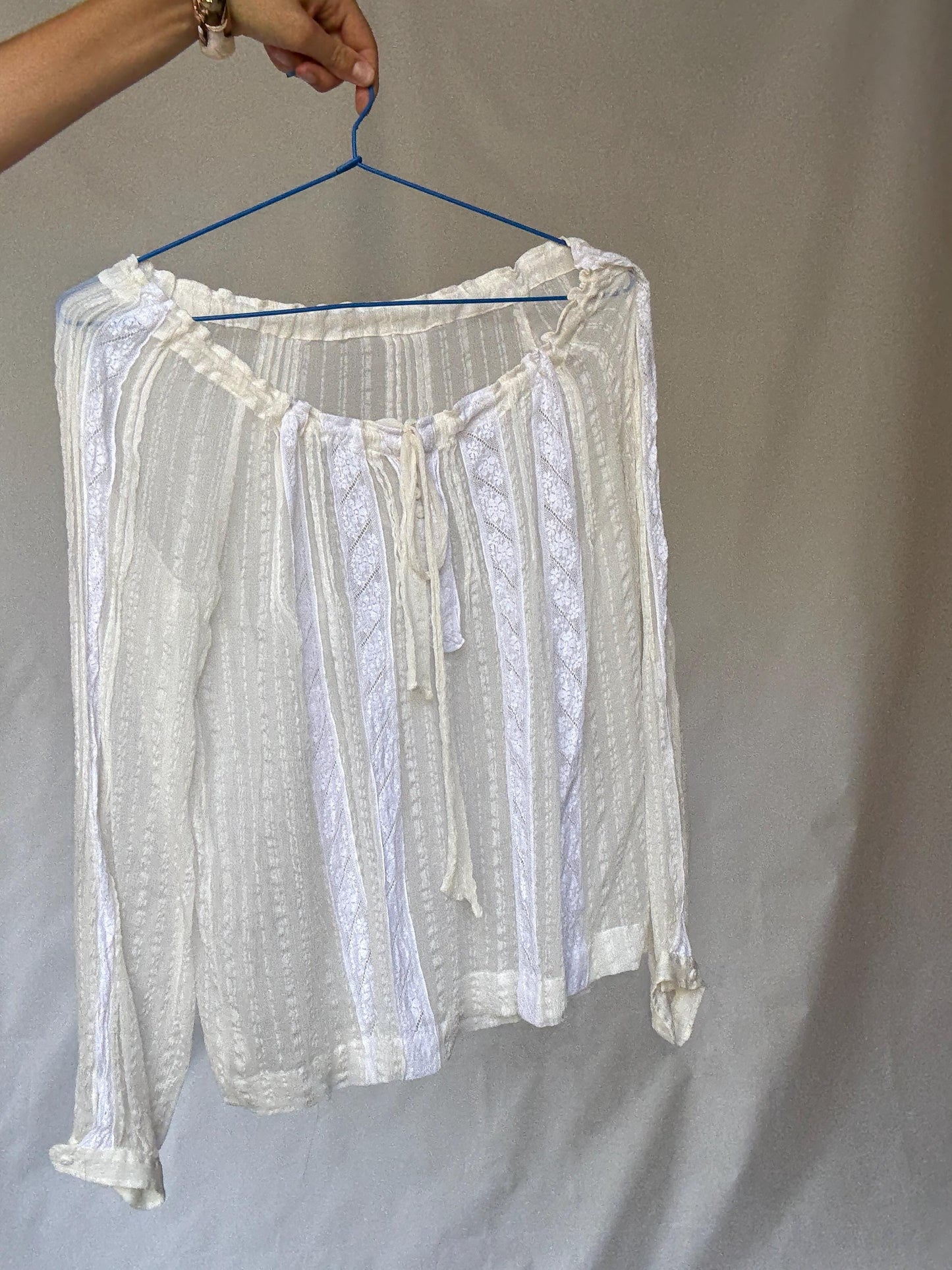 Sheer White Romantic Blouse with Ruffled Neckline and Tie Front Detail in Lightweight Fabric, Perfect for Layering, US Size L