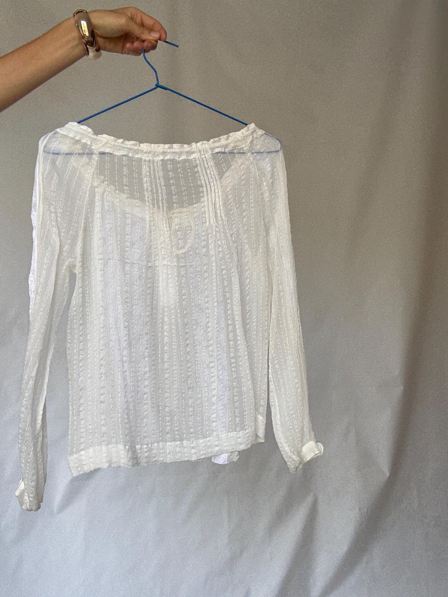 Sheer White Romantic Blouse with Ruffled Neckline and Tie Front Detail in Lightweight Fabric, Perfect for Layering, US Size L