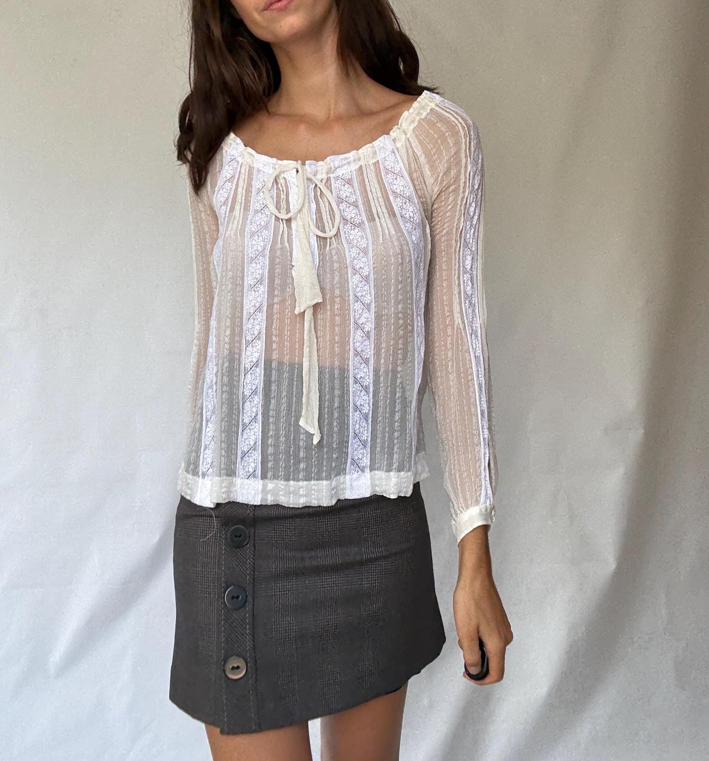Sheer White Romantic Blouse with Ruffled Neckline and Tie Front Detail in Lightweight Fabric, Perfect for Layering, US Size L