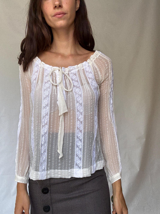 Sheer White Romantic Blouse with Ruffled Neckline and Tie Front Detail in Lightweight Fabric, Perfect for Layering, US Size L