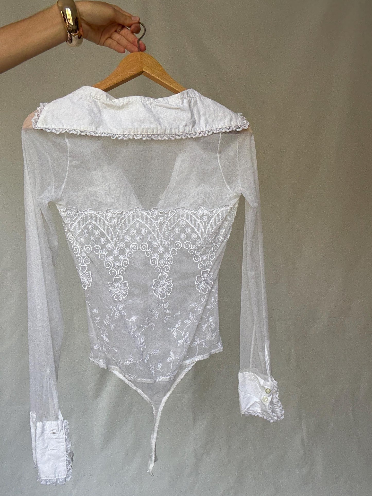 United Colors of Benetton White Sheer Bodysuit With Lace Details and Floral Embroidery Inspired by Y2K Style XS US Size