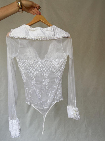 White Sheer Bodysuit With Lace Embroidery — additional view 9