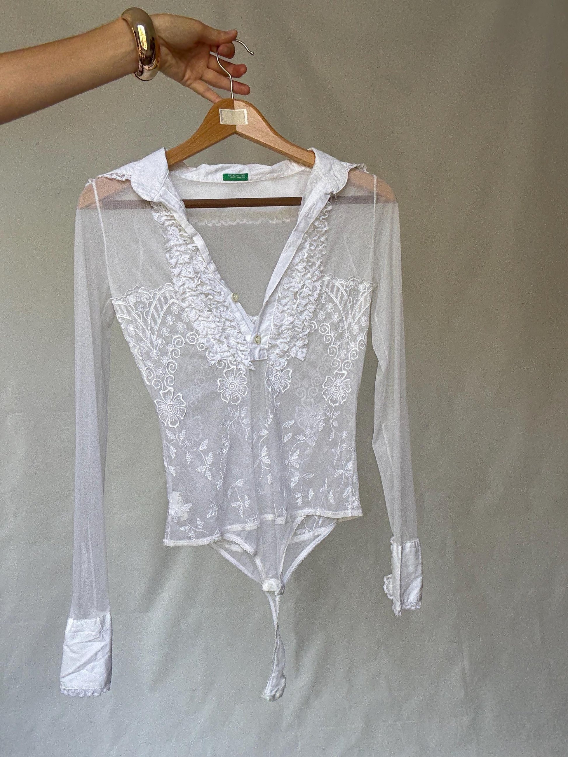 United Colors of Benetton White Sheer Bodysuit With Lace Details and Floral Embroidery Inspired by Y2K Style XS US Size