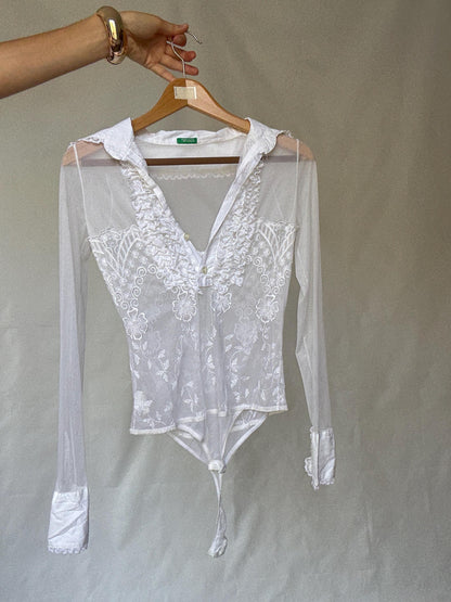 White Sheer Bodysuit With Lace Embroidery — additional view 10