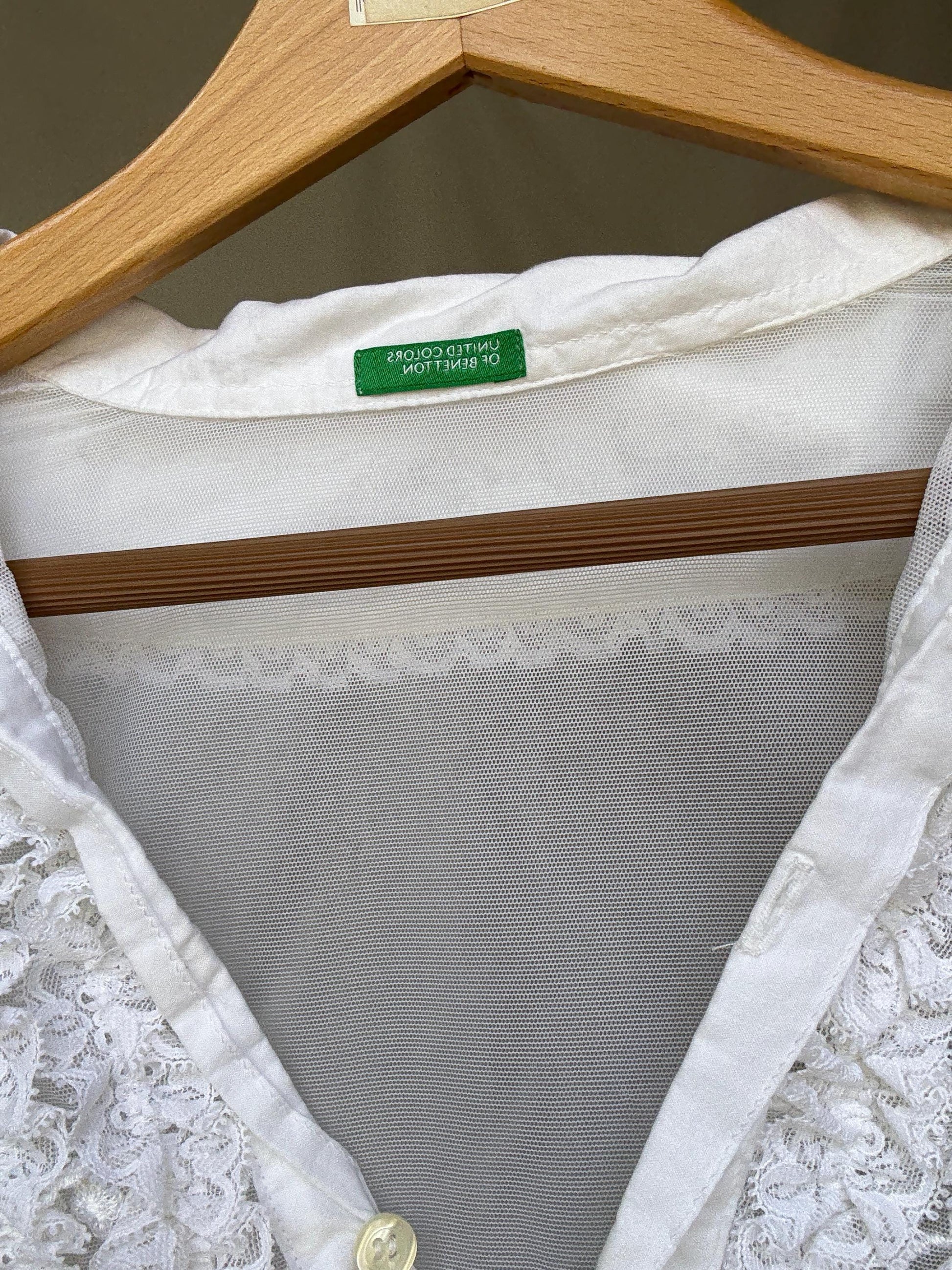 United Colors of Benetton White Sheer Bodysuit With Lace Details and Floral Embroidery Inspired by Y2K Style XS US Size