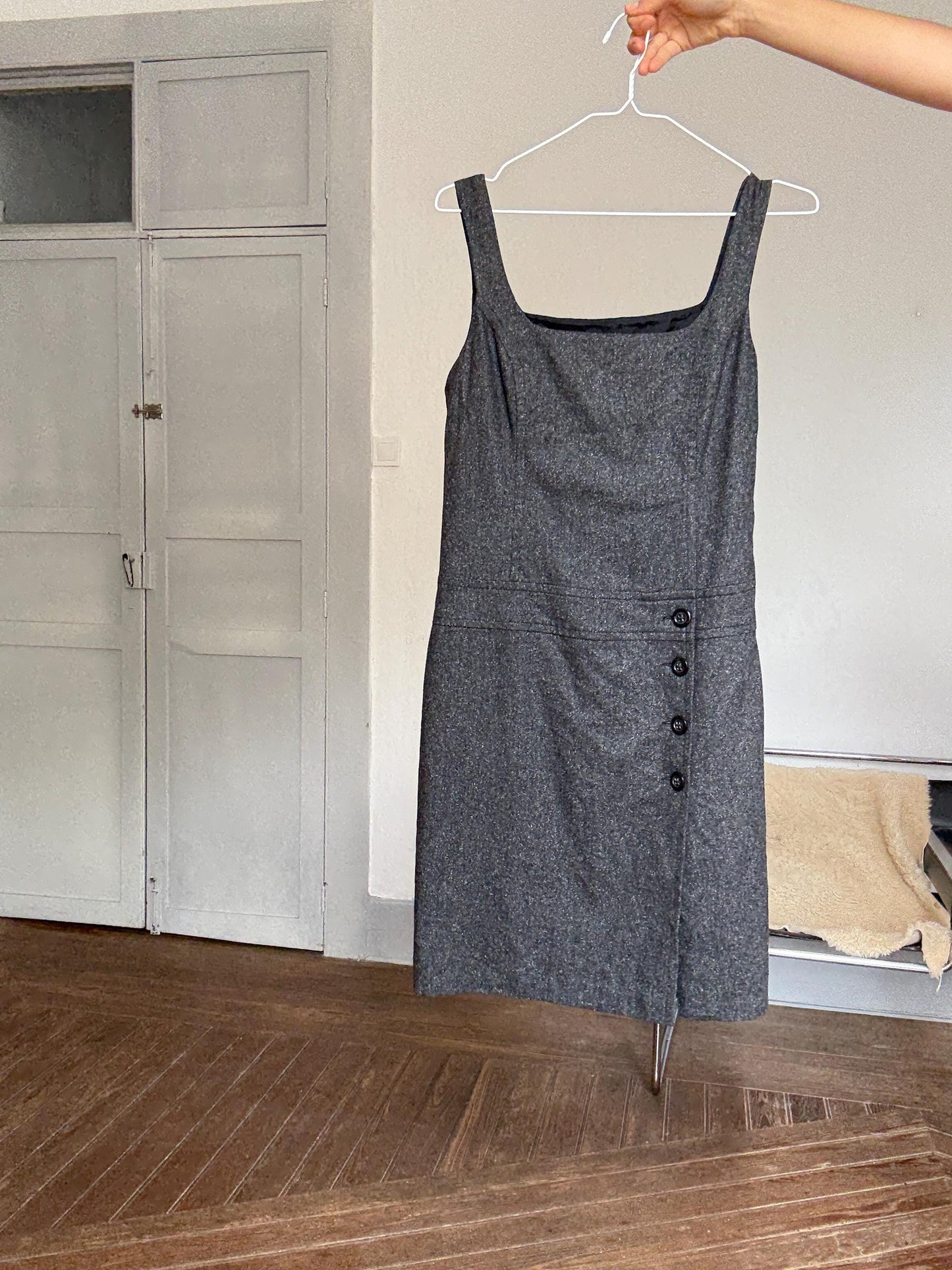 Dress in Pure Wool Blend with Asymmetrical Detailing and Button Accents, US Size M