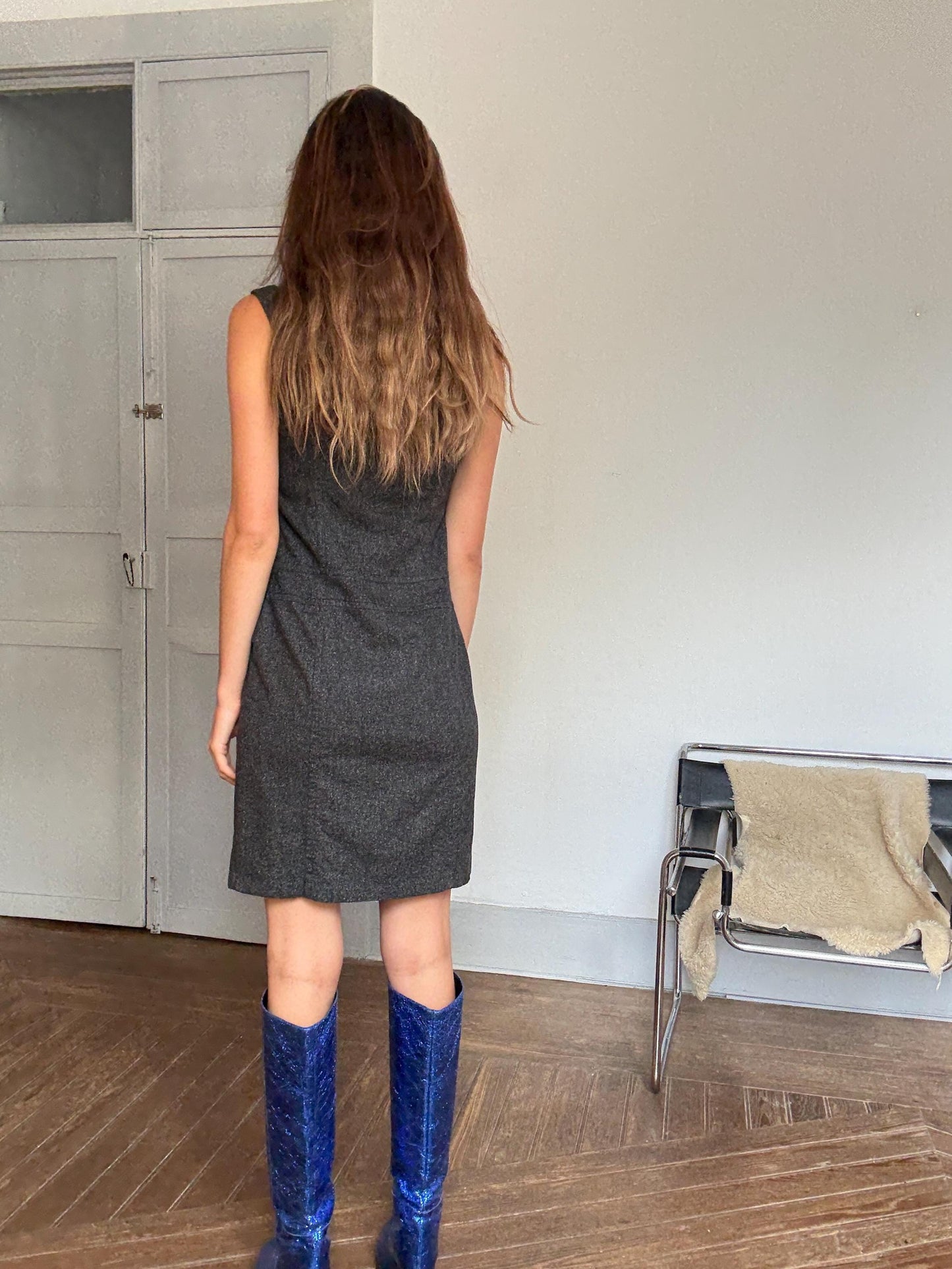 United Colors of Benetton Dress in Pure Wool Blend with Asymmetrical Detailing and Button Accents, US Size M