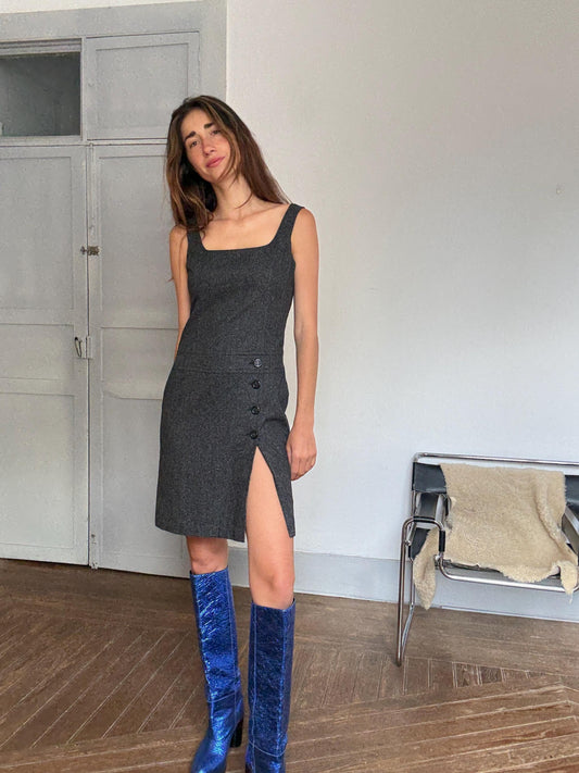 Dress in Pure Wool Blend with Asymmetrical Detailing and Button Accents, US Size M