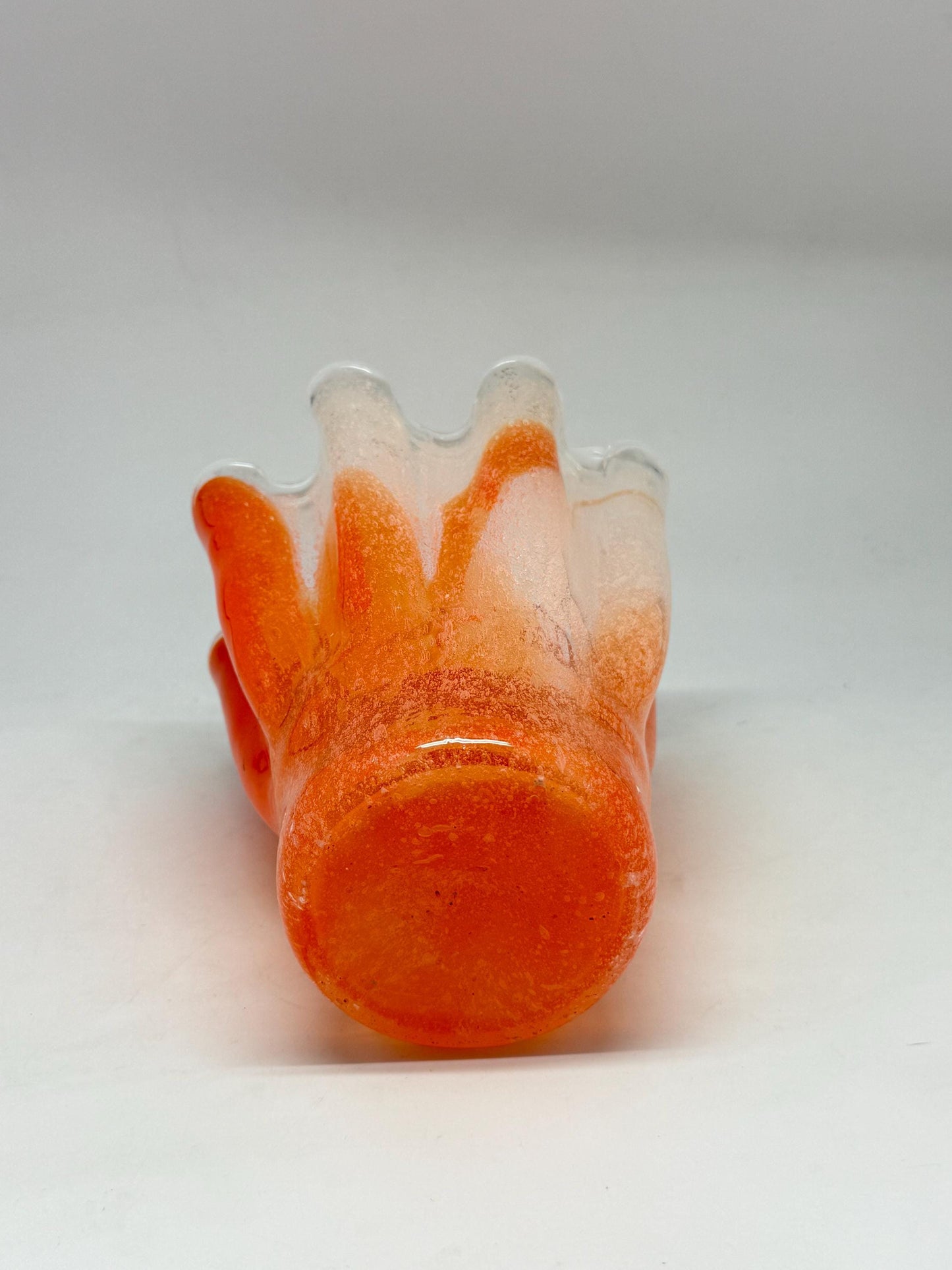 Vintage orange wavy glass vase, hand, blown, freeform design, textured frosted surface, vibrant artisanal piece, home decor accent