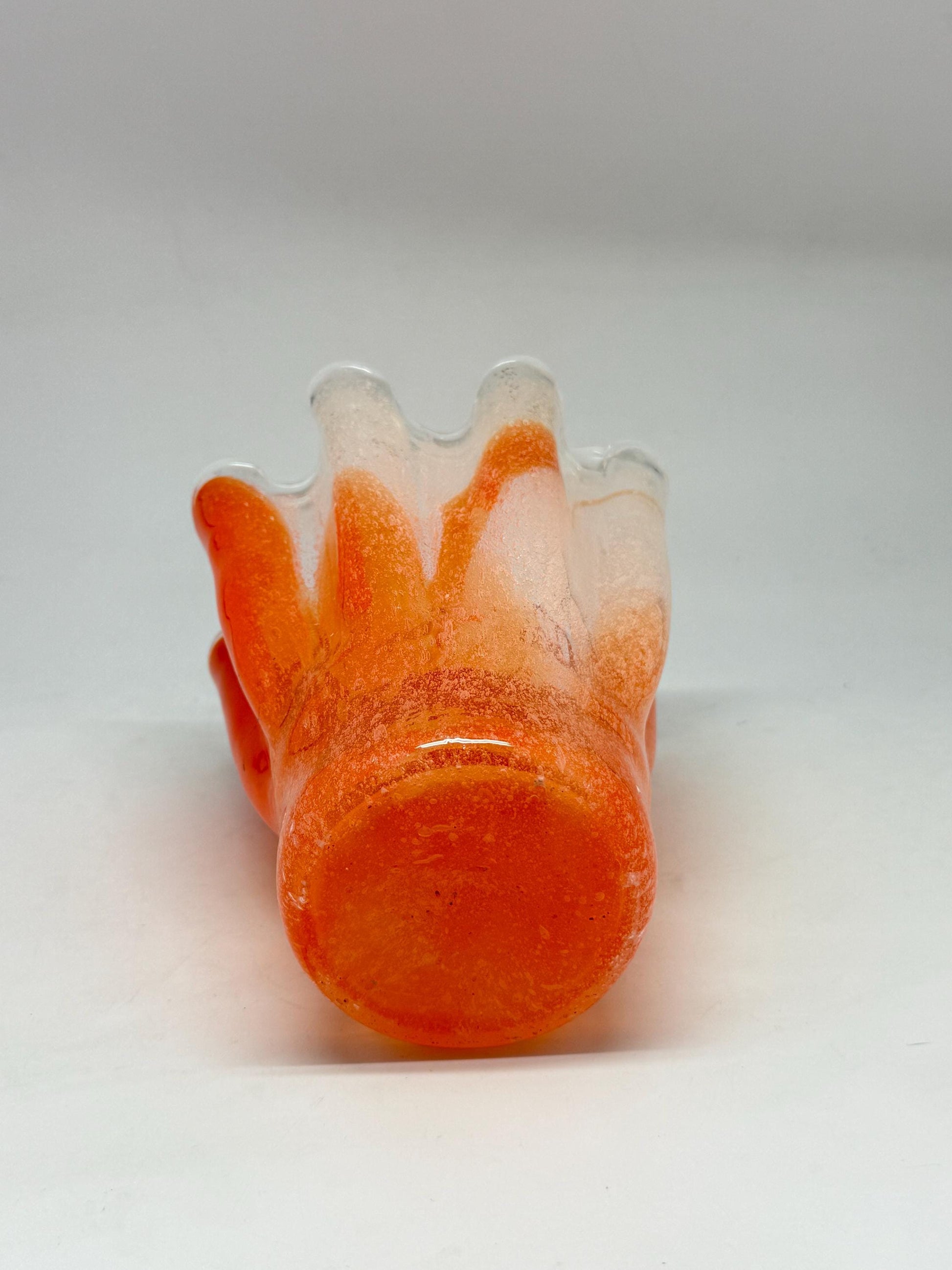Vintage orange wavy glass vase, hand, blown, freeform design, textured frosted surface, vibrant artisanal piece, home decor accent