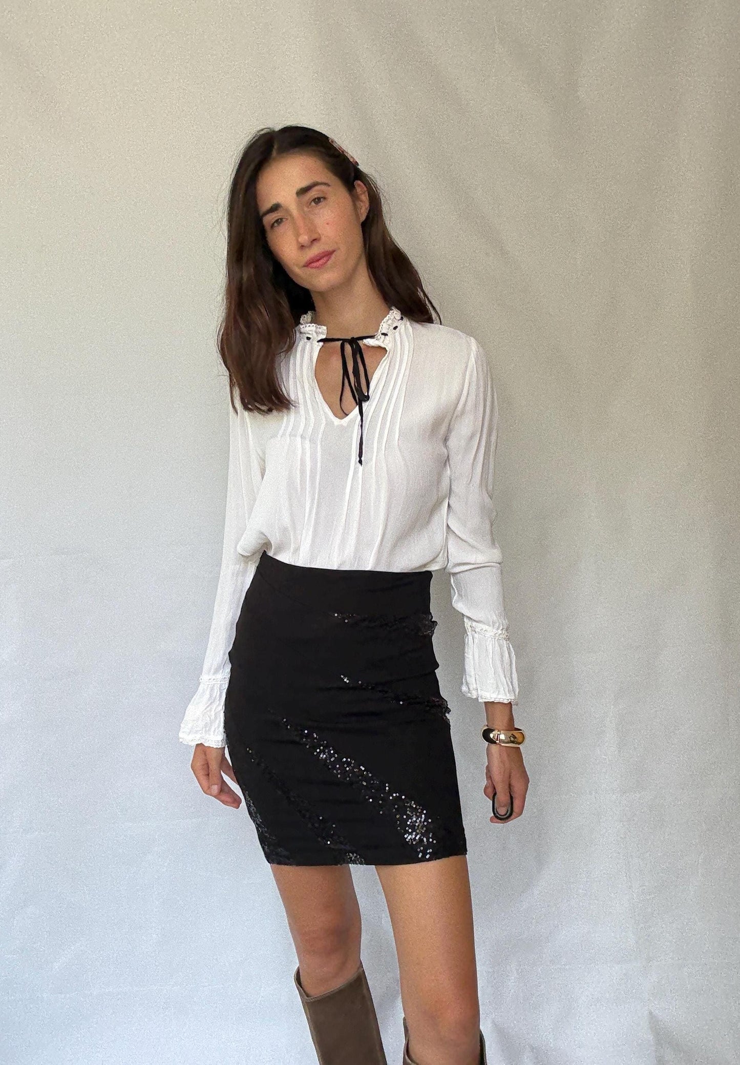 Sophisticated Morgan Skirt with Sequined Accents in Black for a US Size 4 - 6 with Y2K and Minimalist Vibe, Tilda Swinton Style