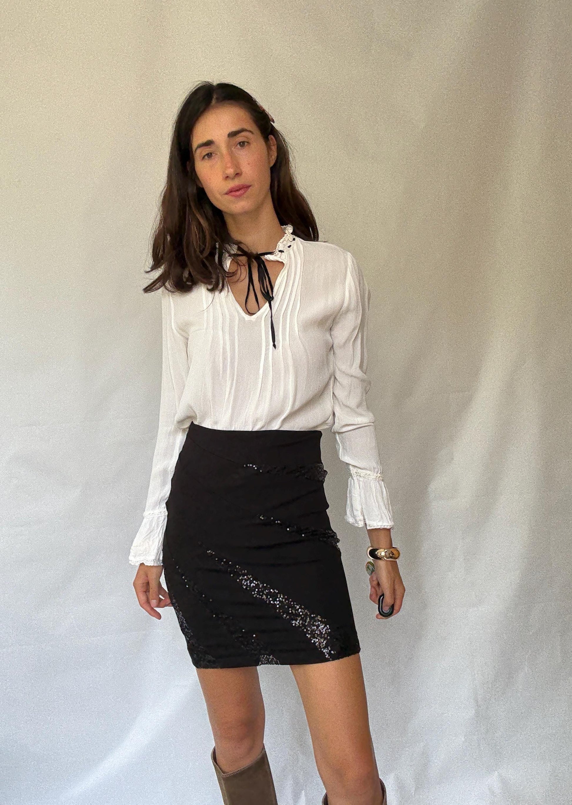 Sophisticated Morgan Skirt with Sequined Accents in Black for a US Size 4 - 6 with Y2K and Minimalist Vibe, Tilda Swinton Style